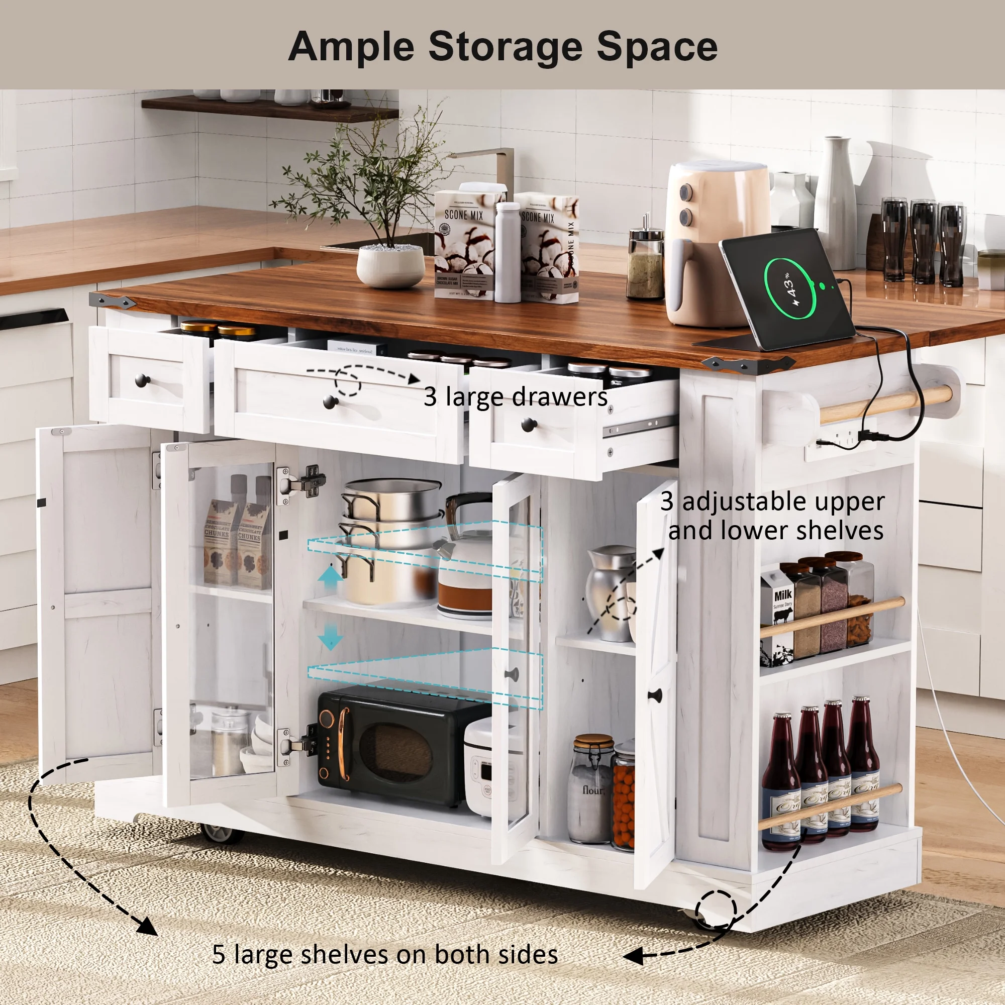 53'' Farmhouse Kitchen Island with Two Tempered Glass Cabinet Doors��Rolling Kitchen Cart on Wheels(White) - Image 8