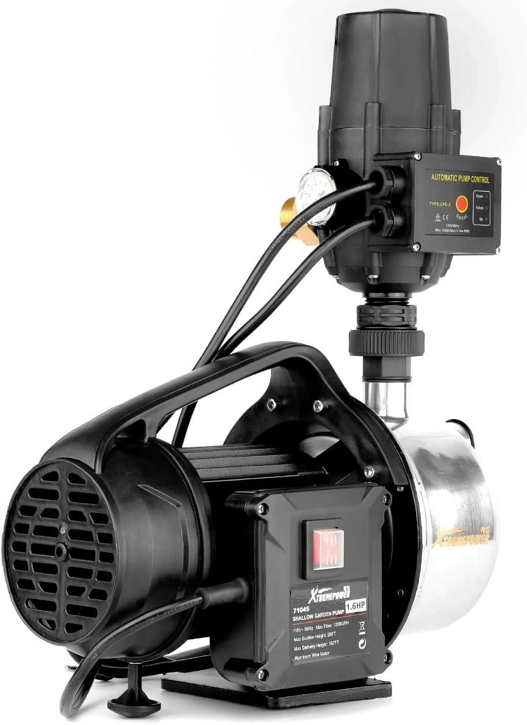 XtremepowerUS 1.6HP Portable Shallow Well Pump, 1268 GPH 120V With Controller, Stainless Steel, For Sprinkler, Irrigation, Garden, Lawn Water Transfer
