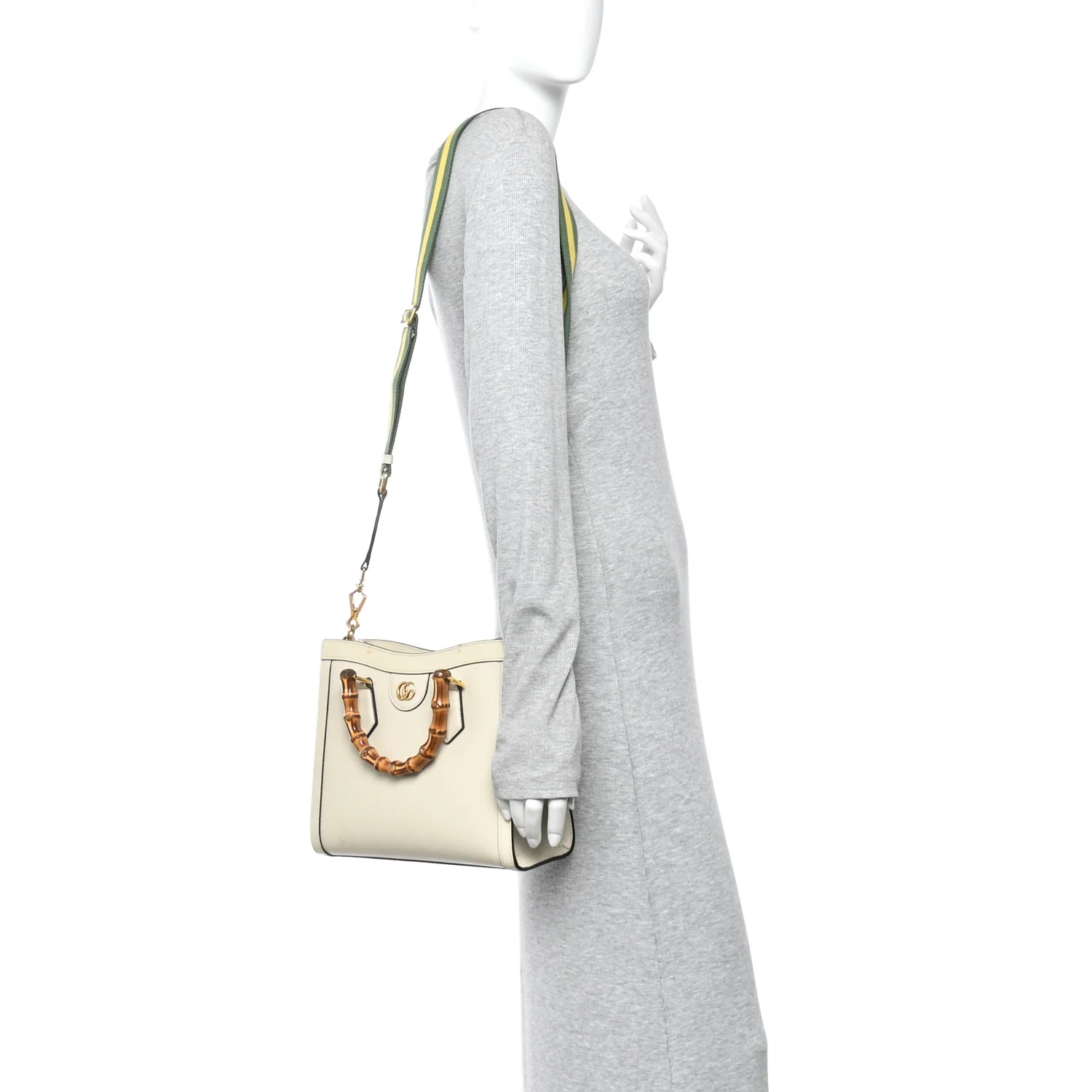 Textured Dollar Calfskin Web Small Diana Tote Bag Mystic White
