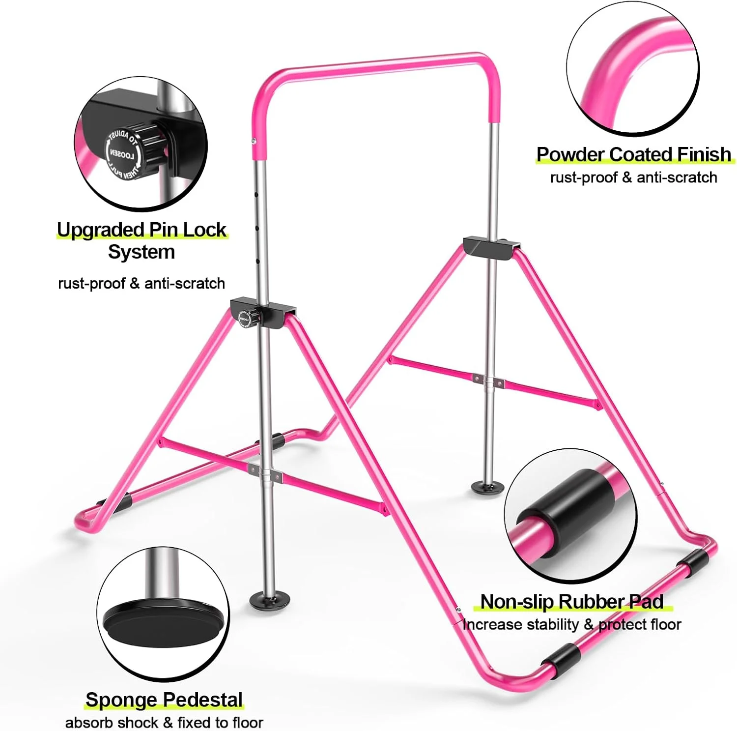 Gymnastics Bar with Mat for Kids, Height Adjustable Junior Training Bar Mat for Home, Folding Gymnastic Horizontal Bars Equipment (Pink+Mat)(PINKBARMAT) - Image 10