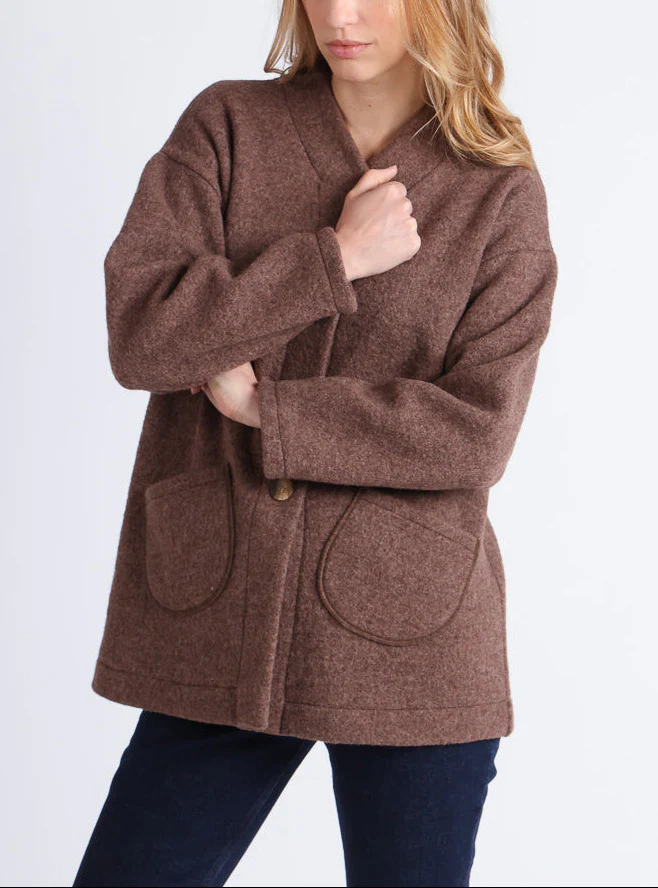 Manteau court femme laine bouillie marron foncé