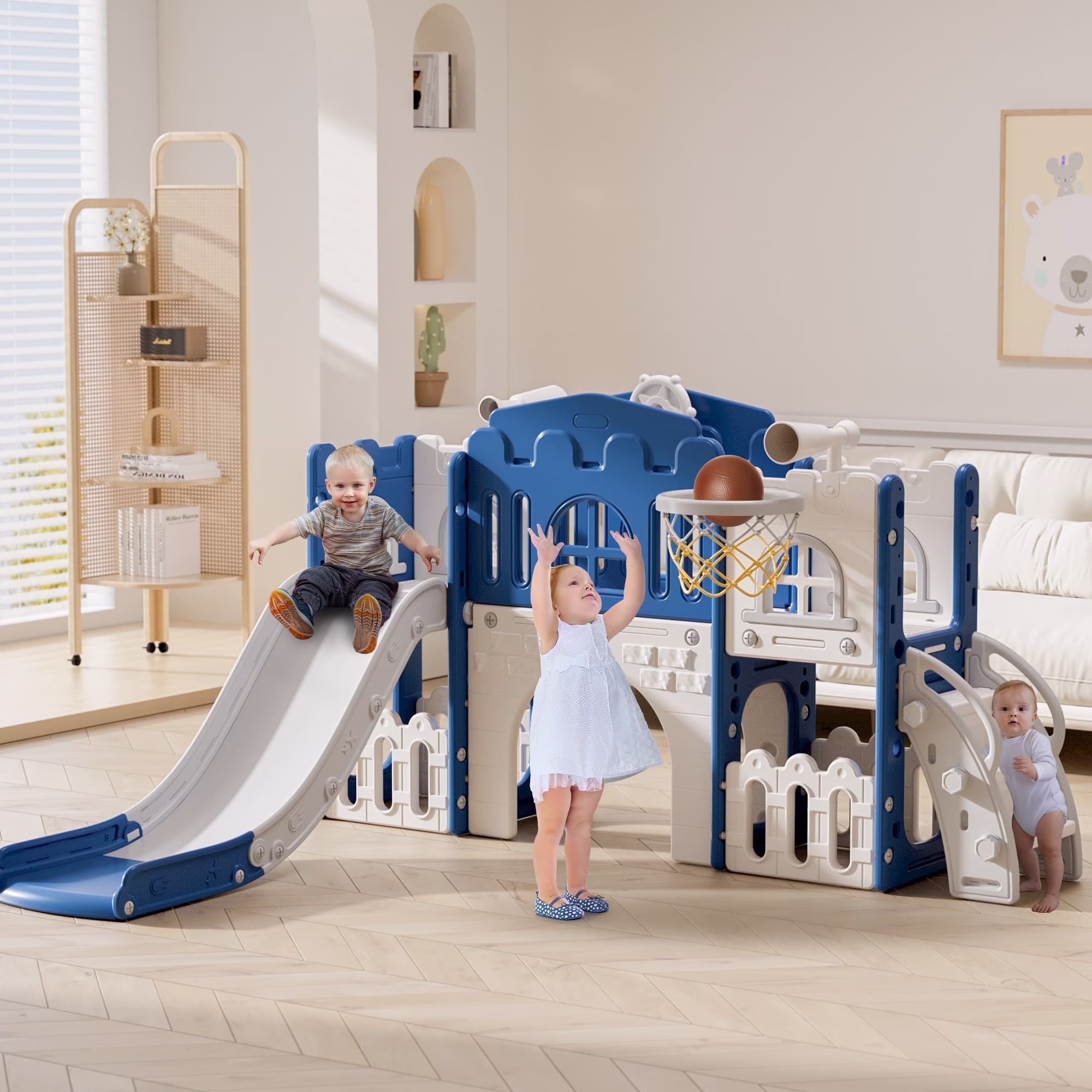 9 in 1 Toddler Slide PlaySet for kids indoor/outdoor for Toddlers Age 1+, Blue Gray(Multicolor)