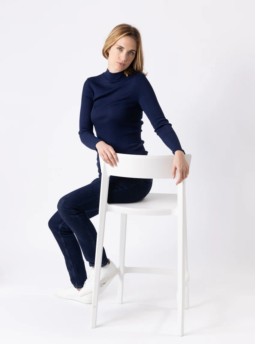 Pull chaussette femme col montant bleu marine
