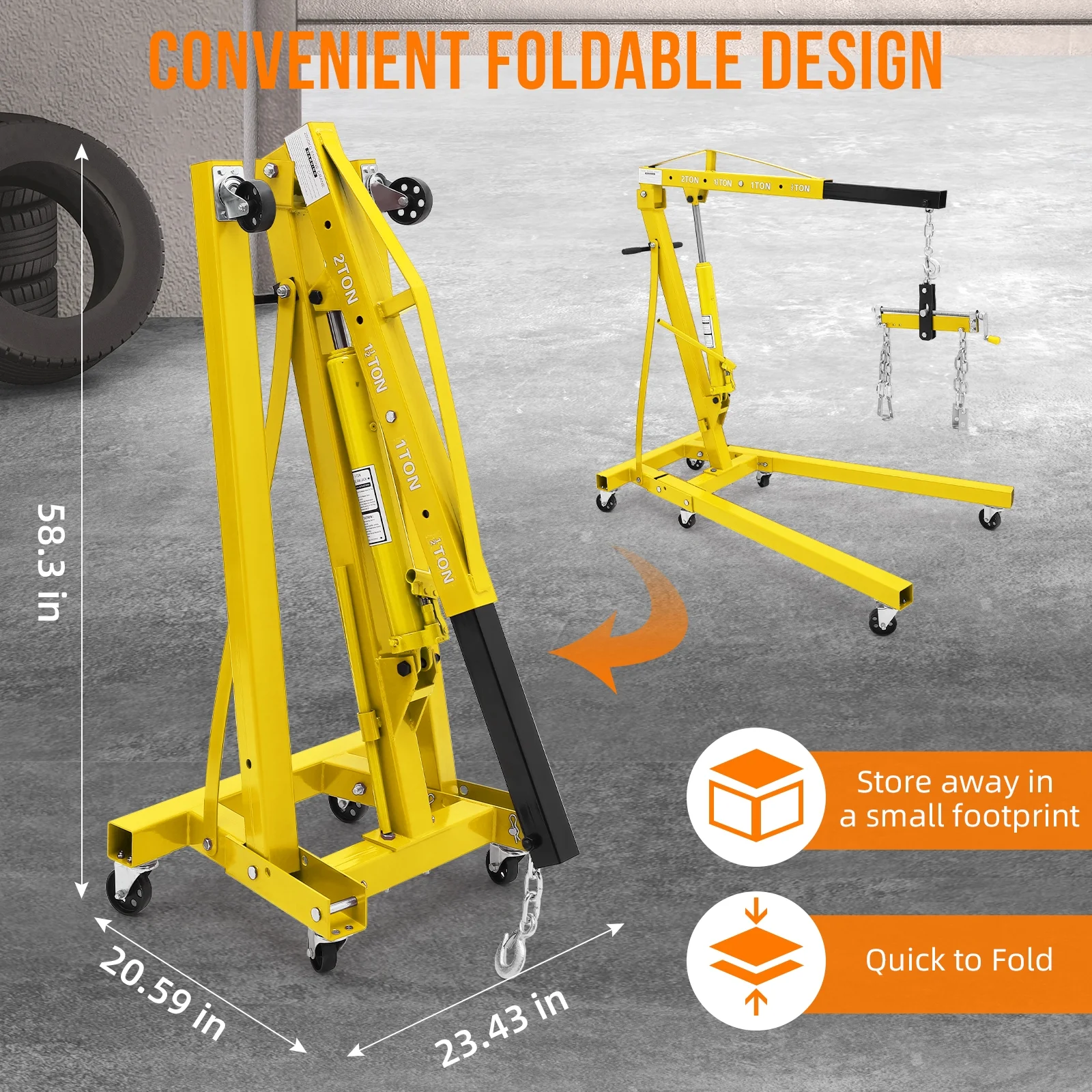 Hydraulic Engine Hoist,4400lbs Max Weight,Folding Engine Lift Shop Crane with Lever and 6 Steel Caster Wheels,Yellow(yellow) - Image 8
