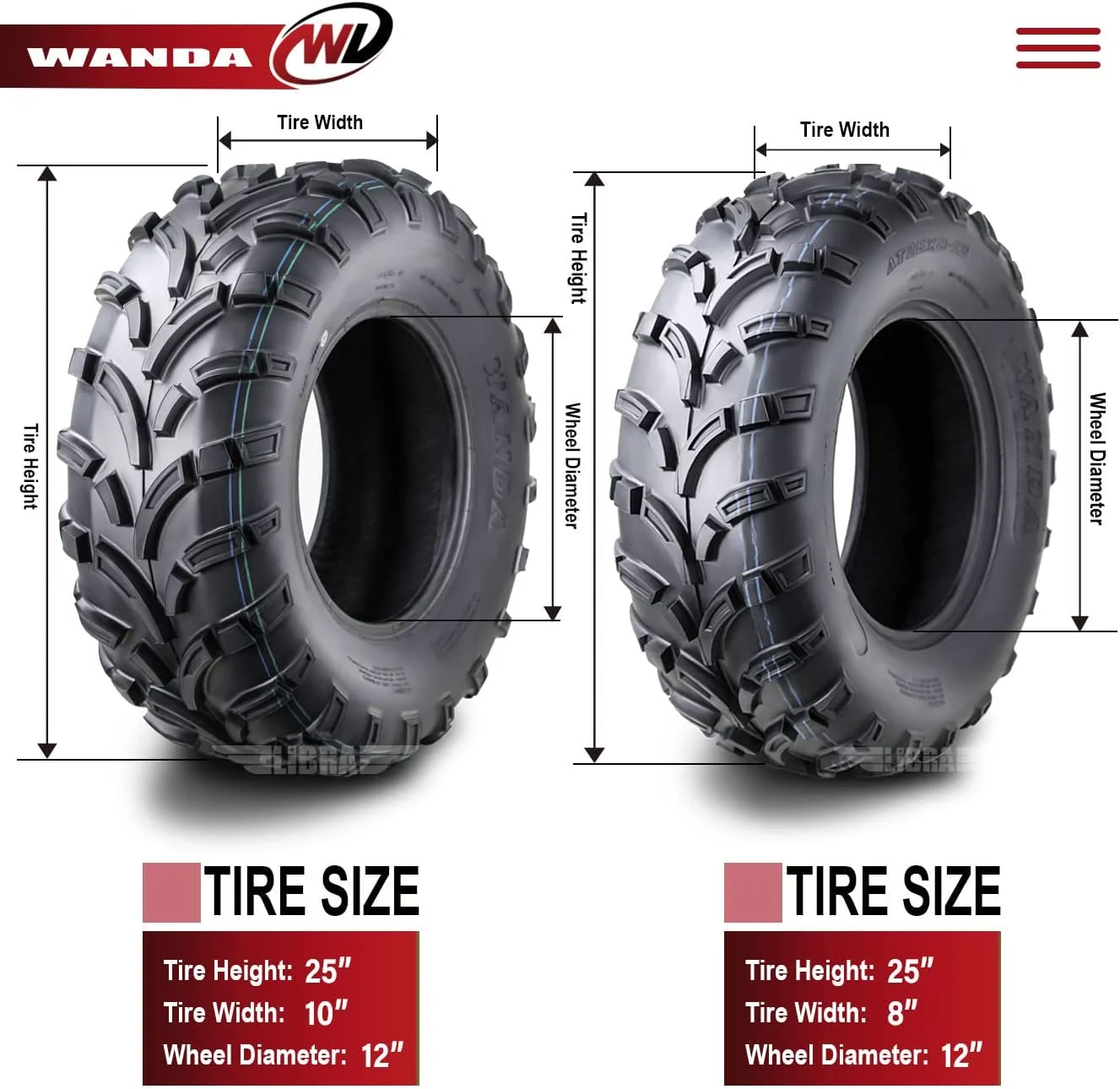 Wanda ATV/UTV Tires 25x8 - 12 Front & 25x10 - 12 Rear /6PR P373, Set 4
