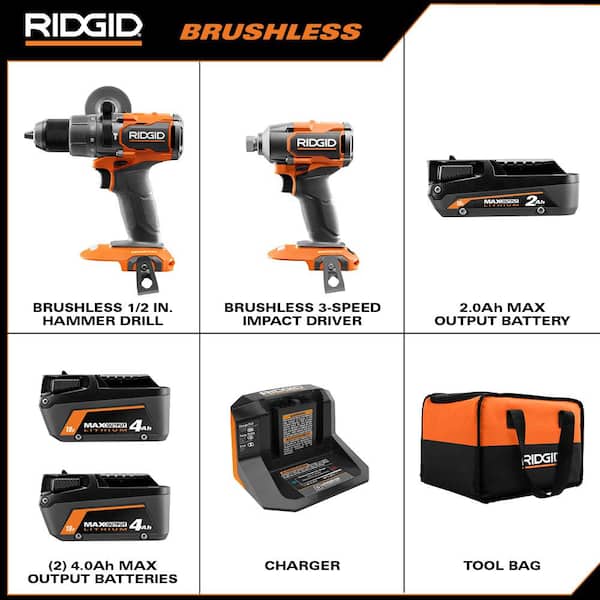 18V Brushless Cordless 2 Tool Combo Kit with Hammer Drill, Impact Driver, (3) Batteries, Charger, and Bag Image 2