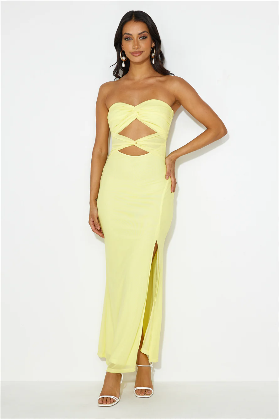 Hottest Date Mesh Strapless Maxi Dress Yellow