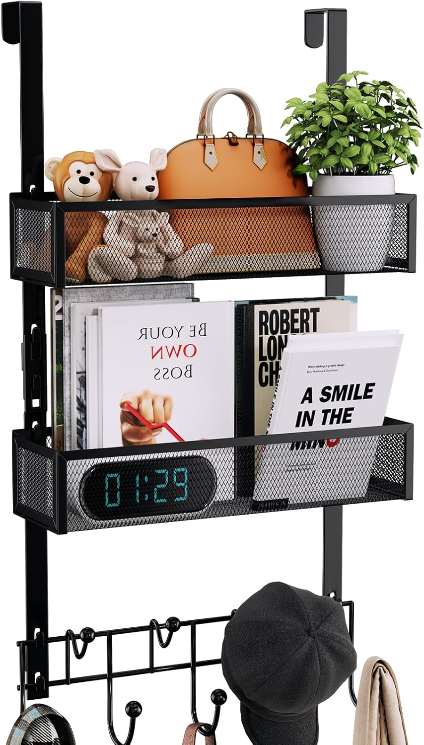 Consumest Over The Door Hooks Organizer - 3 Tier Door Hanger with 9 Coat Hooks & 2 Mesh Baskets, Back Storage Organizer for Hanging Towels in Bathroom, Bedroom, Black