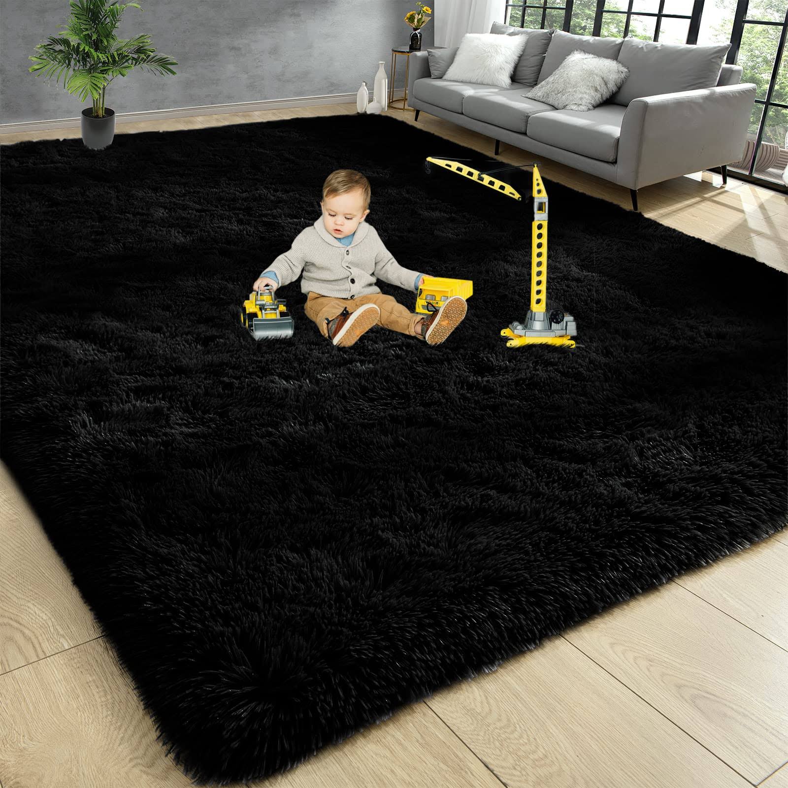Iplusmall Black Rug for Living Room, Large 5x8 ft Soft Fluffy Shag Area Rug for Bedroom Nursery Room, Throw Shaggy Furry Carpet, Rectangle Faux Fur Plush