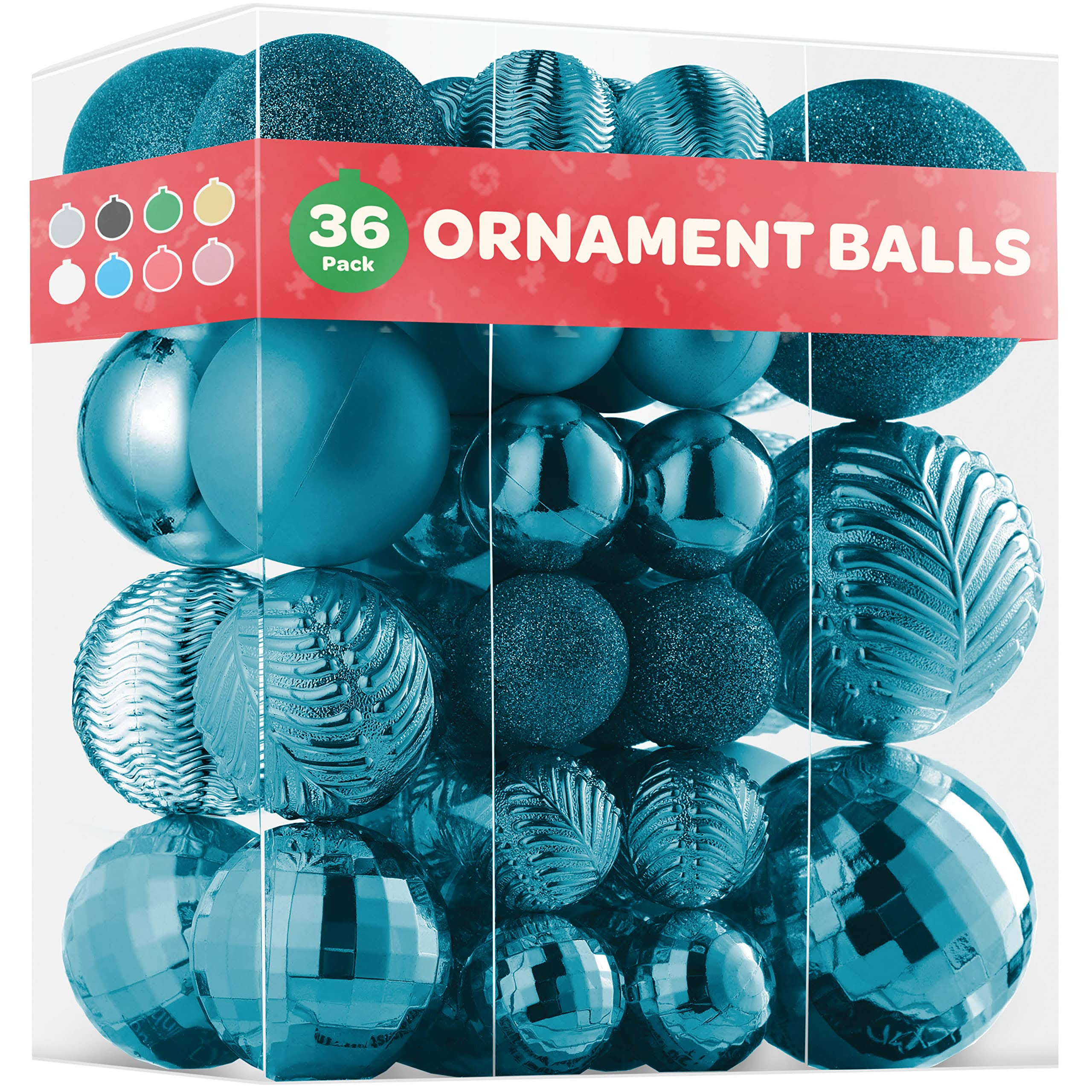 Christmas Ornaments Set of 36 - Beautiful [Teal] Christmas Tree Decorations Ornaments Set - 6 Style Christmas Ball Ornaments - Shatterproof