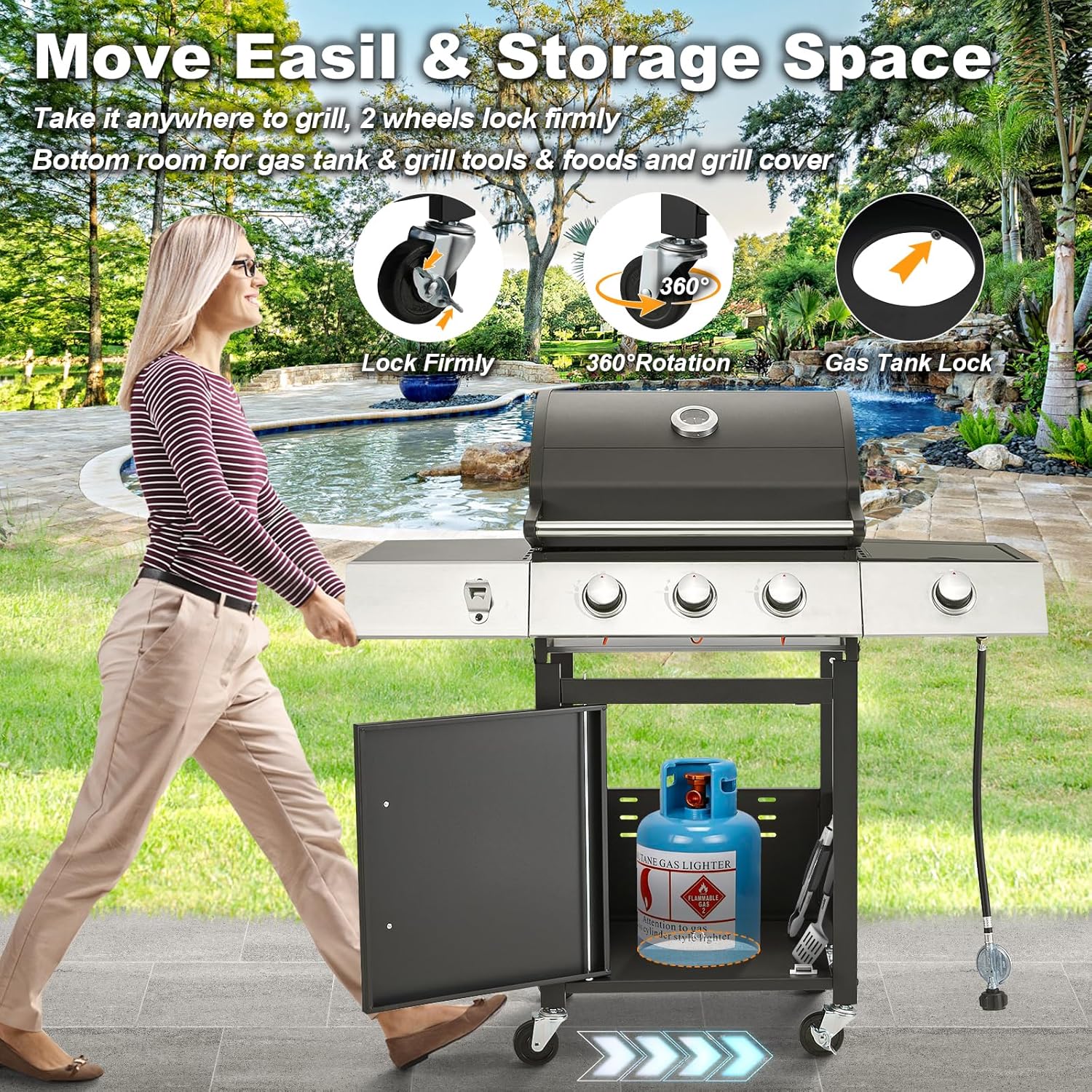 Upgraded 4 Burner Bbq Propane Gas Grill with Cast Iron Grates & Side Stove, 44,000 btu Stainless Steel Burner Barbecue Grill for Patio,…