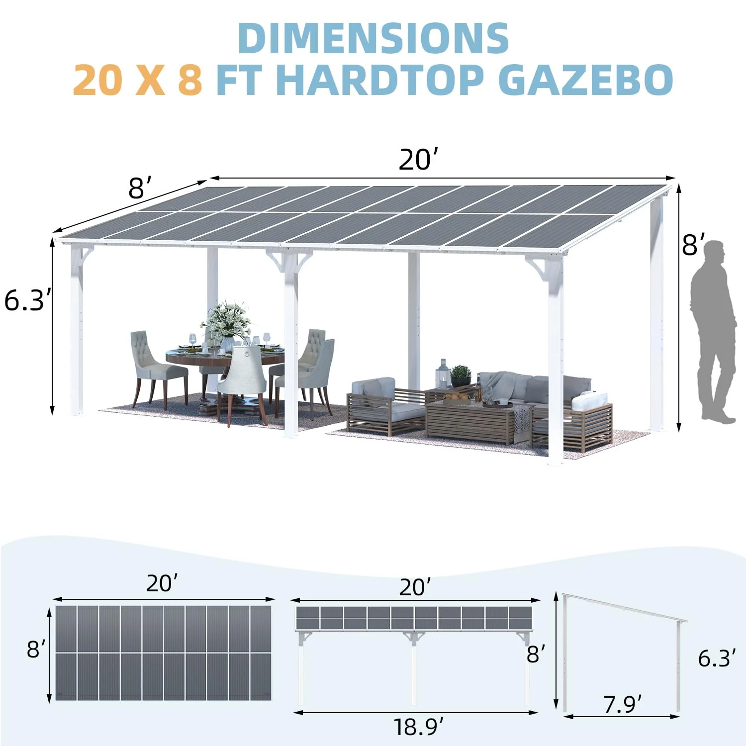AECOJOY 20'x8' Wall Mounted Gazebos Pergola, White