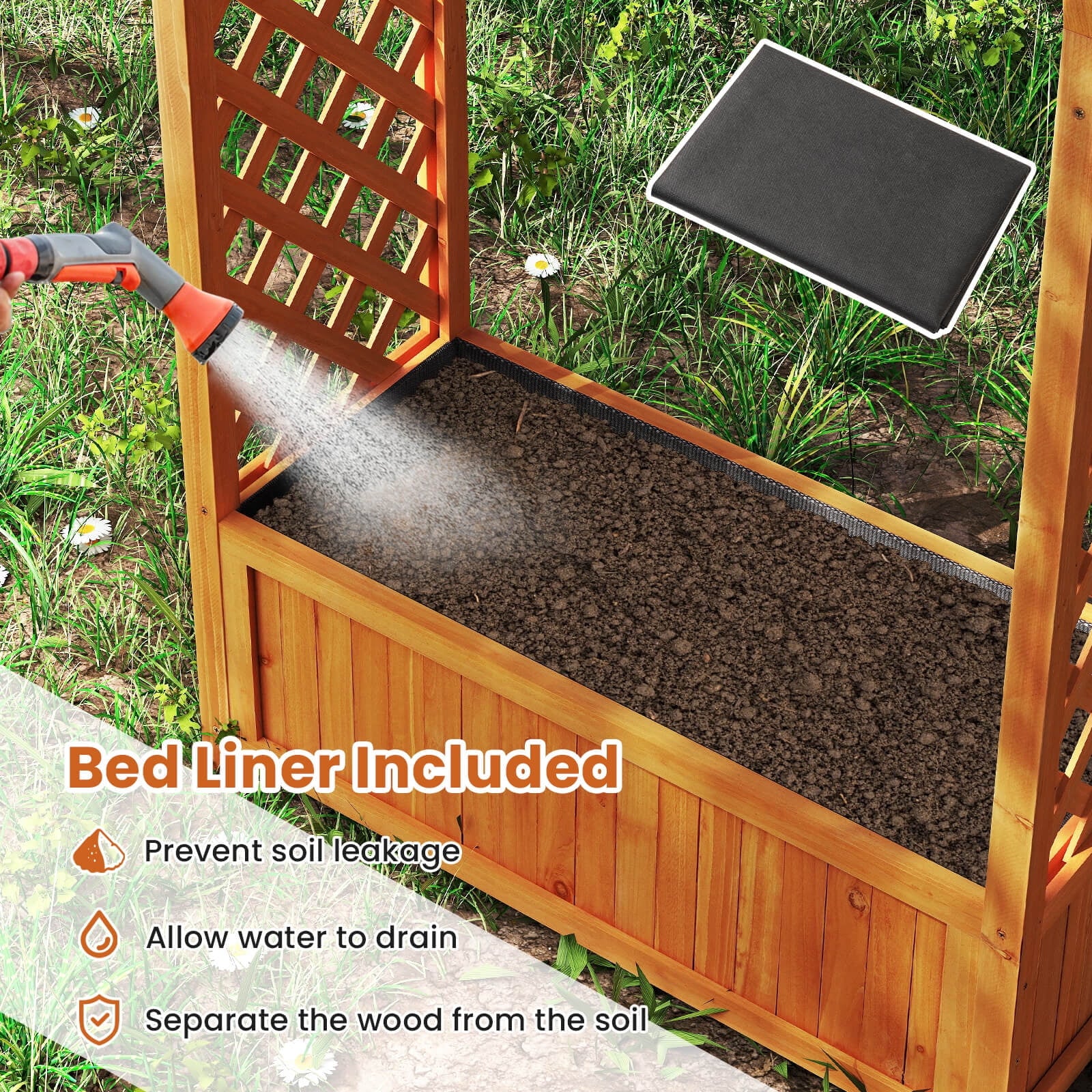 Costway 1 PCS Raised Garden Bed Wooden Elevated Planter Box with Lattice Trellis & Ached Roof