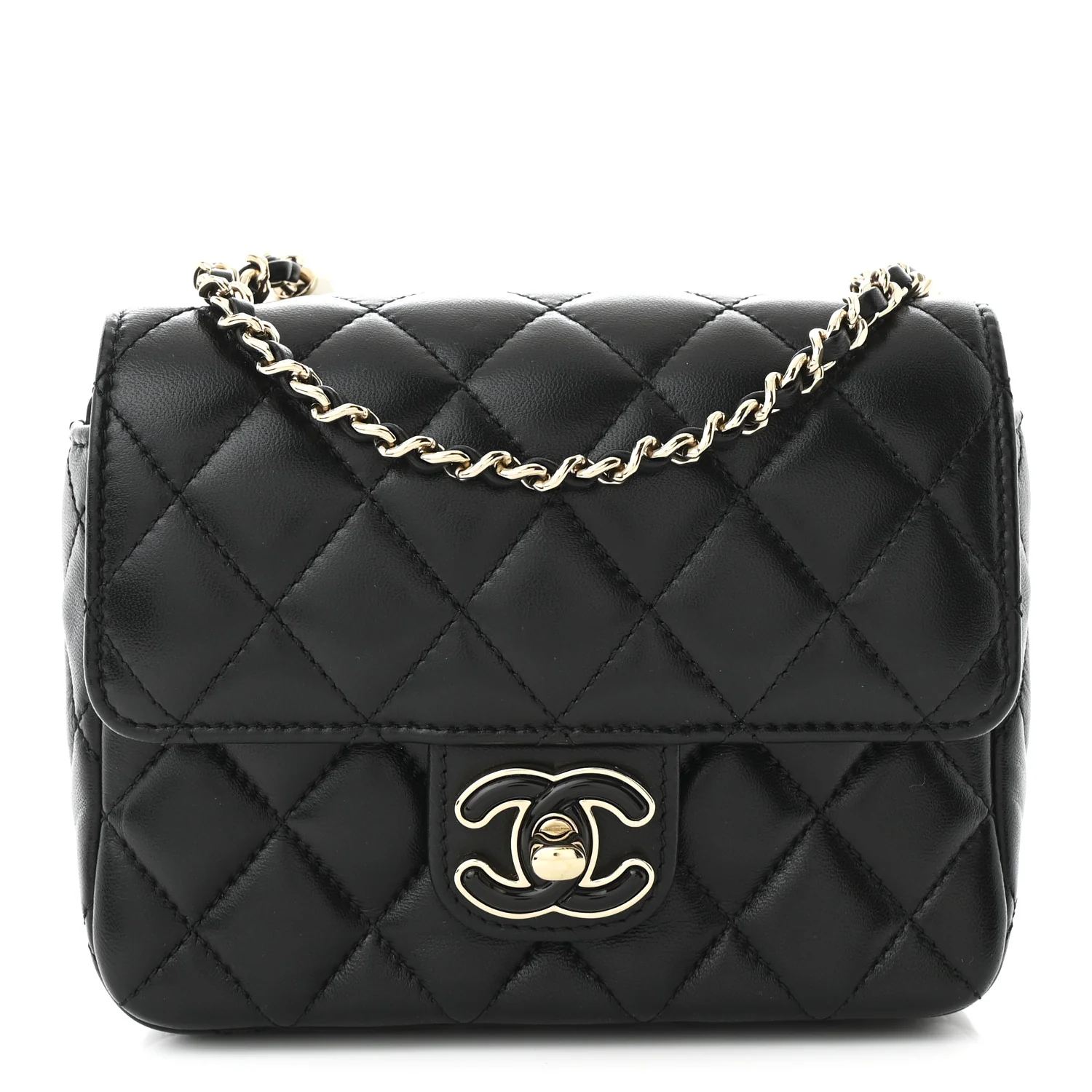 Lambskin Resin Quilted Mini Heart Square Flap Black