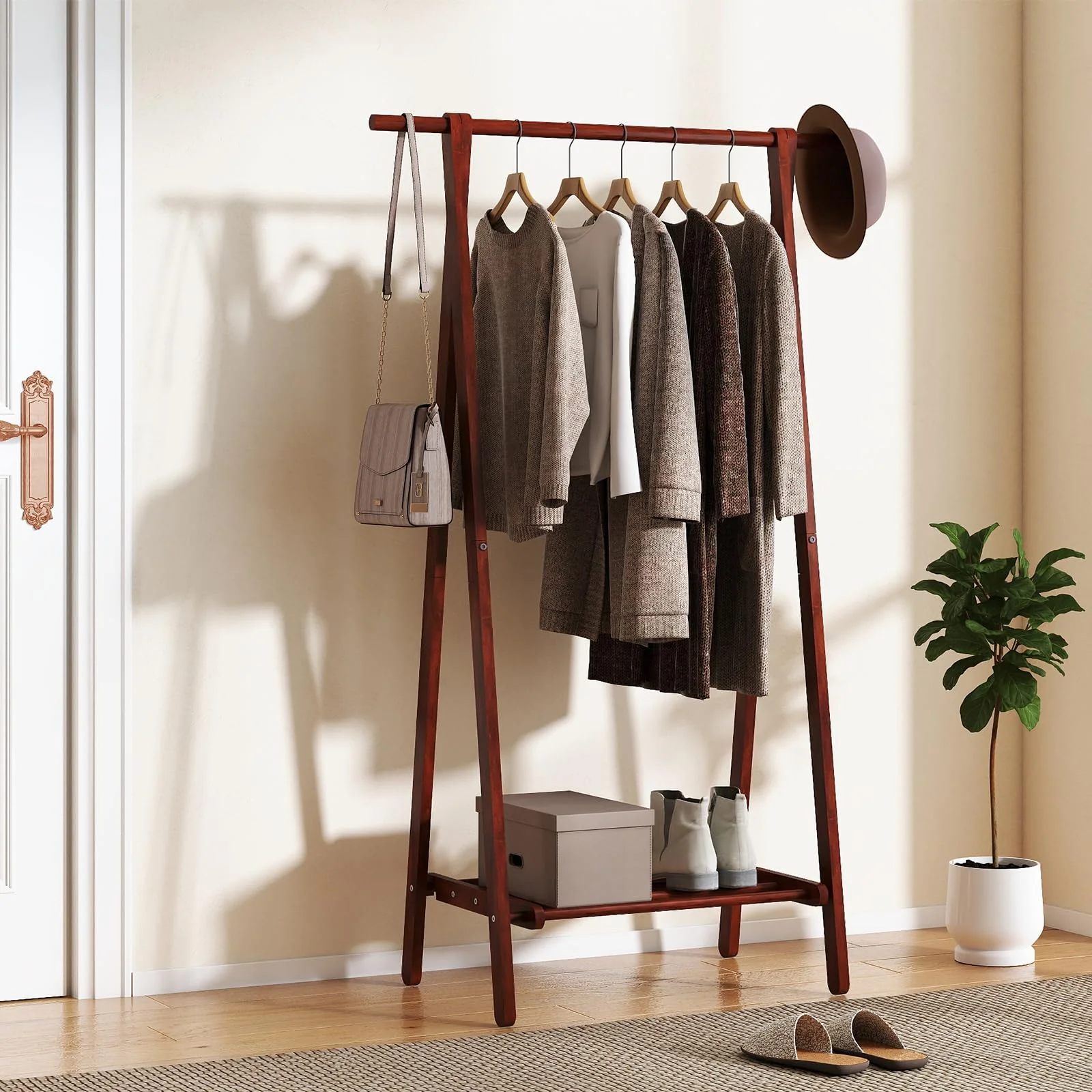 Tangkula Folding Rubber Wood Clothes Hanging Rack