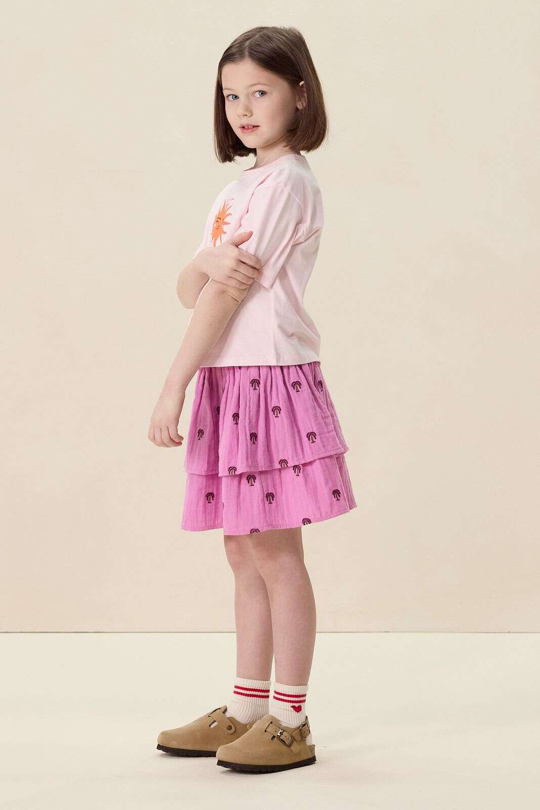 Roze ruffle rok met palmboom print
