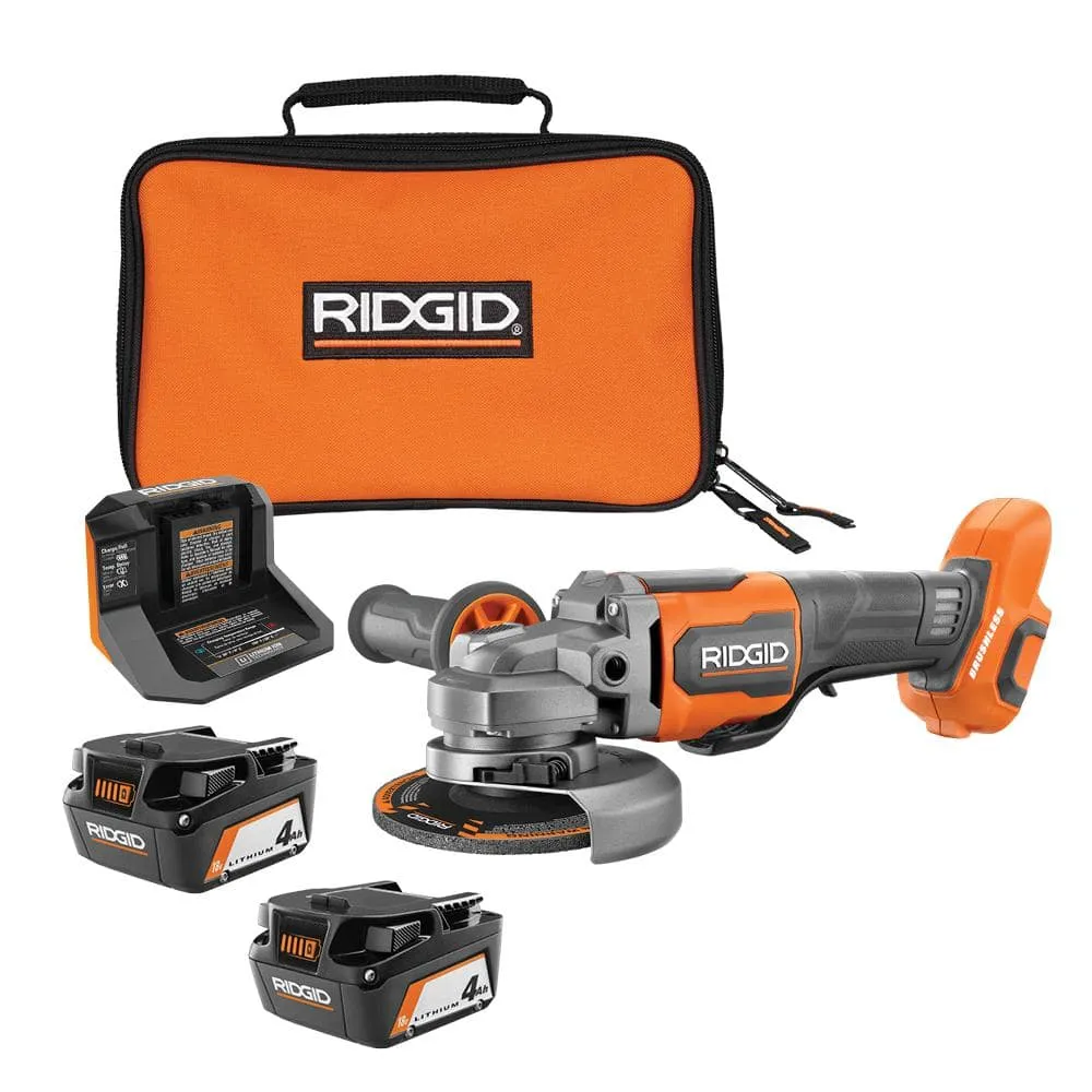 Meuleuse d'angle sans fil RIDGID 18 V sans balais, 114 mm (4-1/2 po), interrupteur à palette, avec 2 batteries 4,0 Ah, chargeur et sac R86047B-AC93044SBN