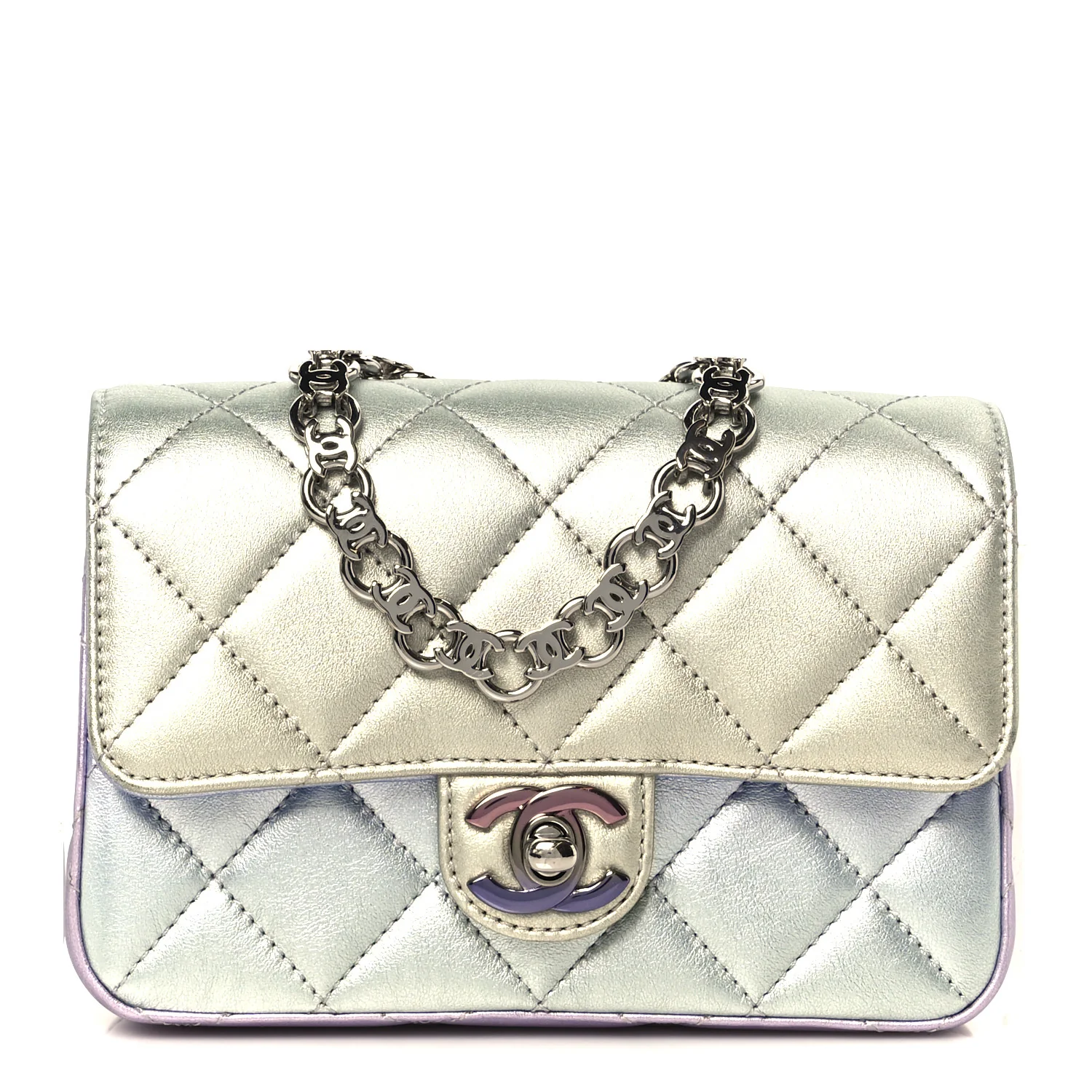 Gradient Metallic Calfskin Quilted Clutch Silver Blue Yellow Purple