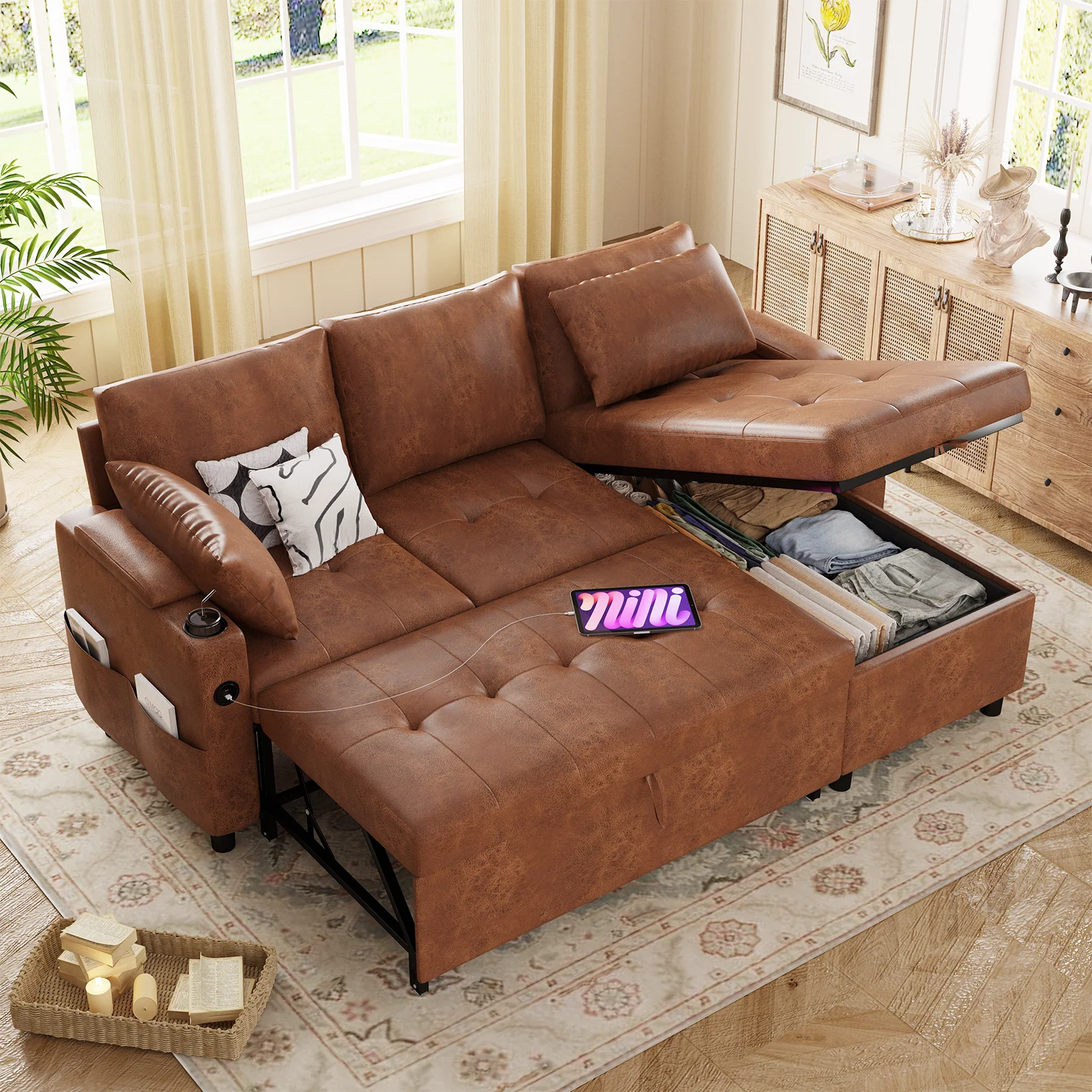 AECOJOY Sleeper Sofa Couch with Pullout Bed, Faux Leather, Brown