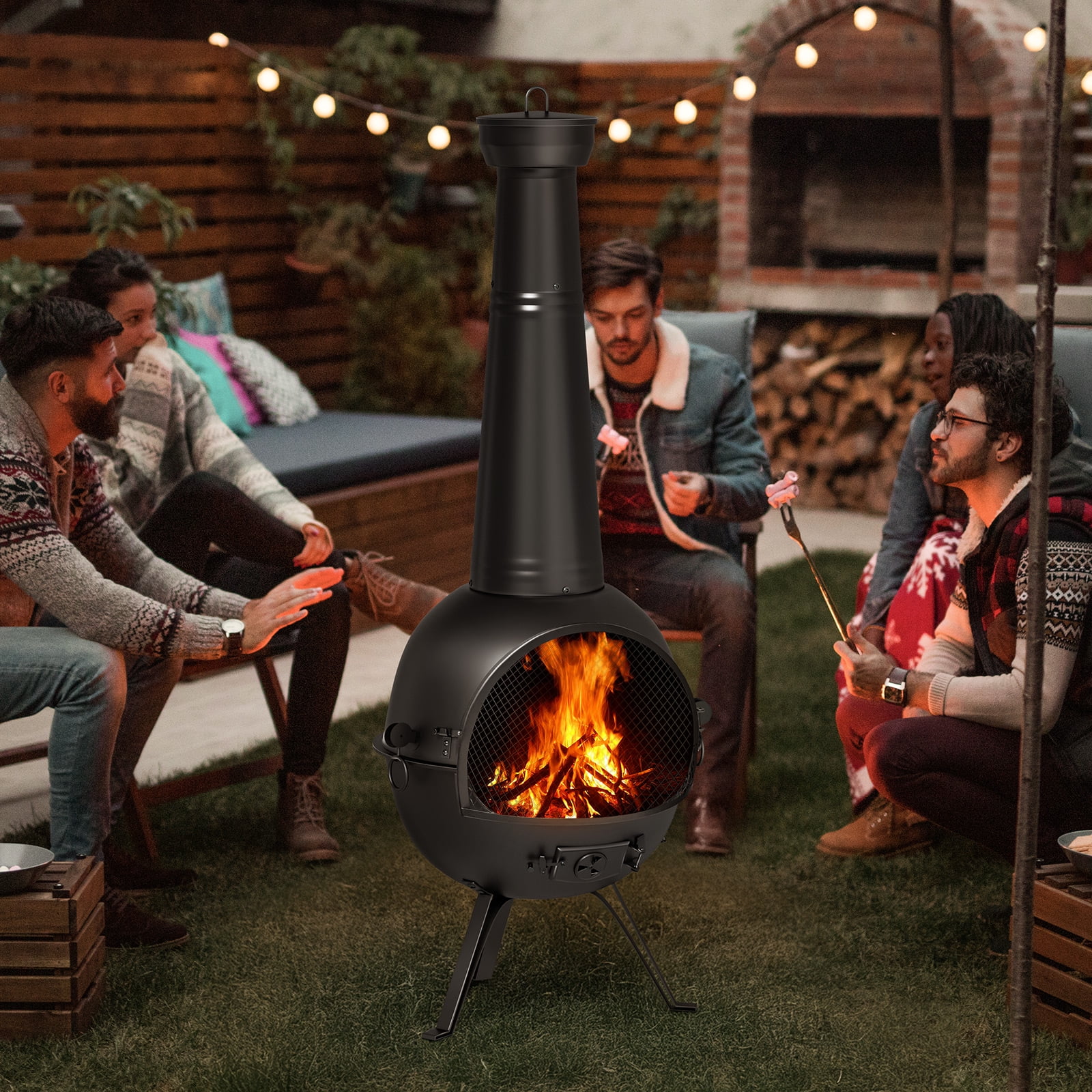 Chiminea Outdoor Fireplace, Wooden Fire Pit for Patio Backyard with Cover, Black(NFP056A) - Image 6