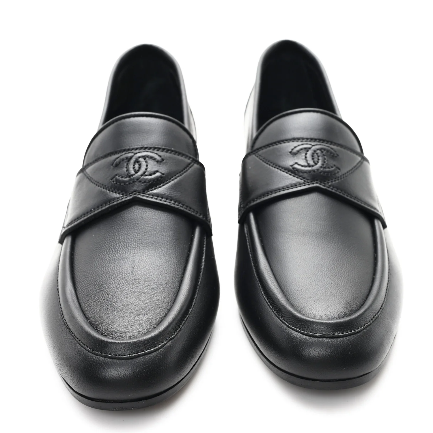 Calfskin Womens Stitched CC Loafers 36 Black