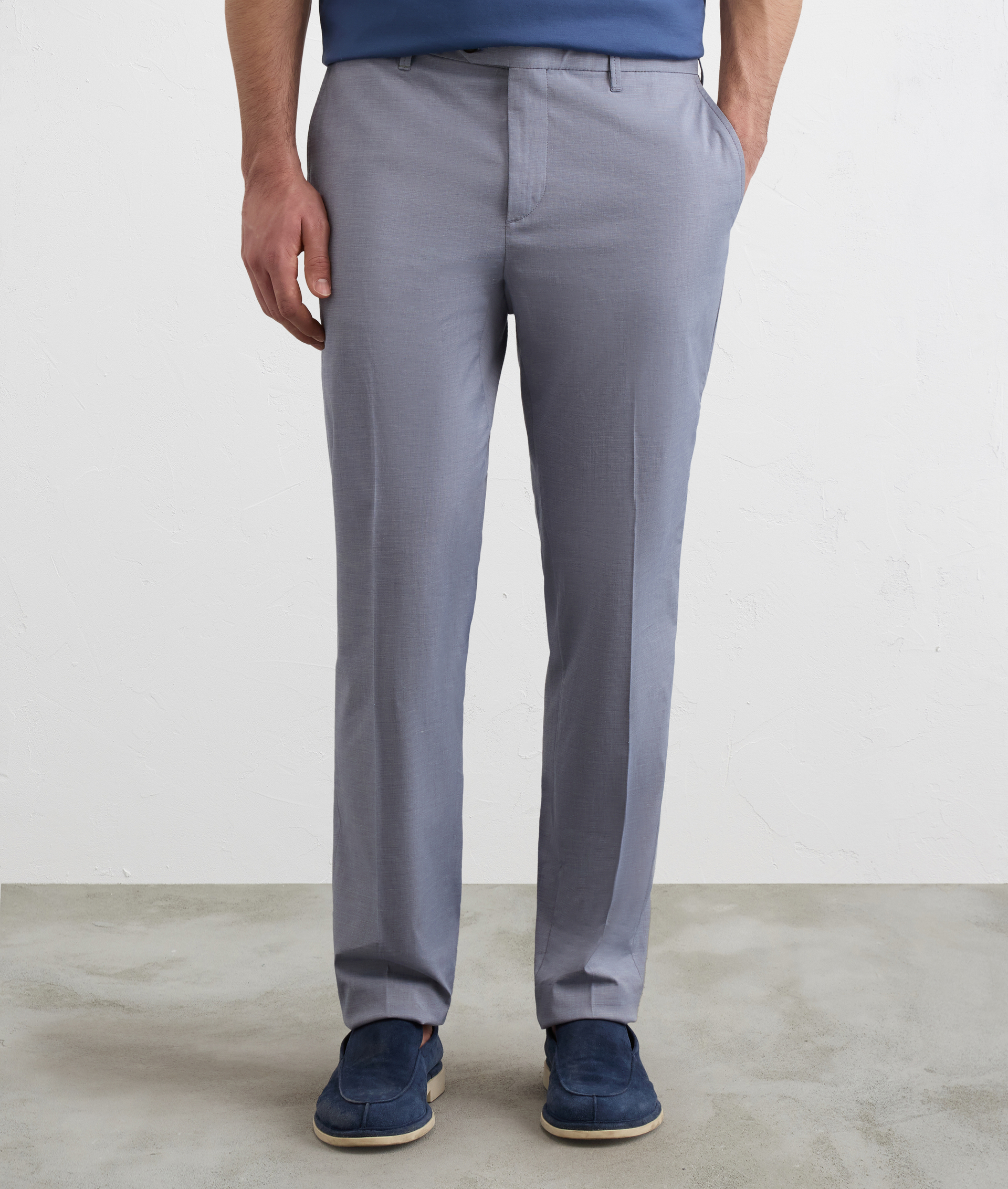 BLUE MICROSTRUCTURE COTTON AND ELASTANE FLAT FRONT CHINO