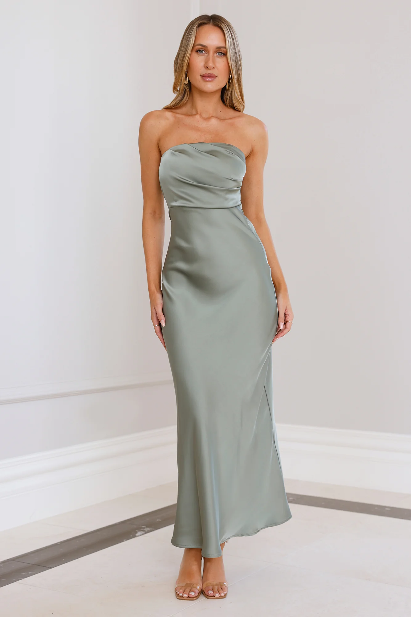 Moonlit Whimsy Satin Strapless Maxi Dress Sage