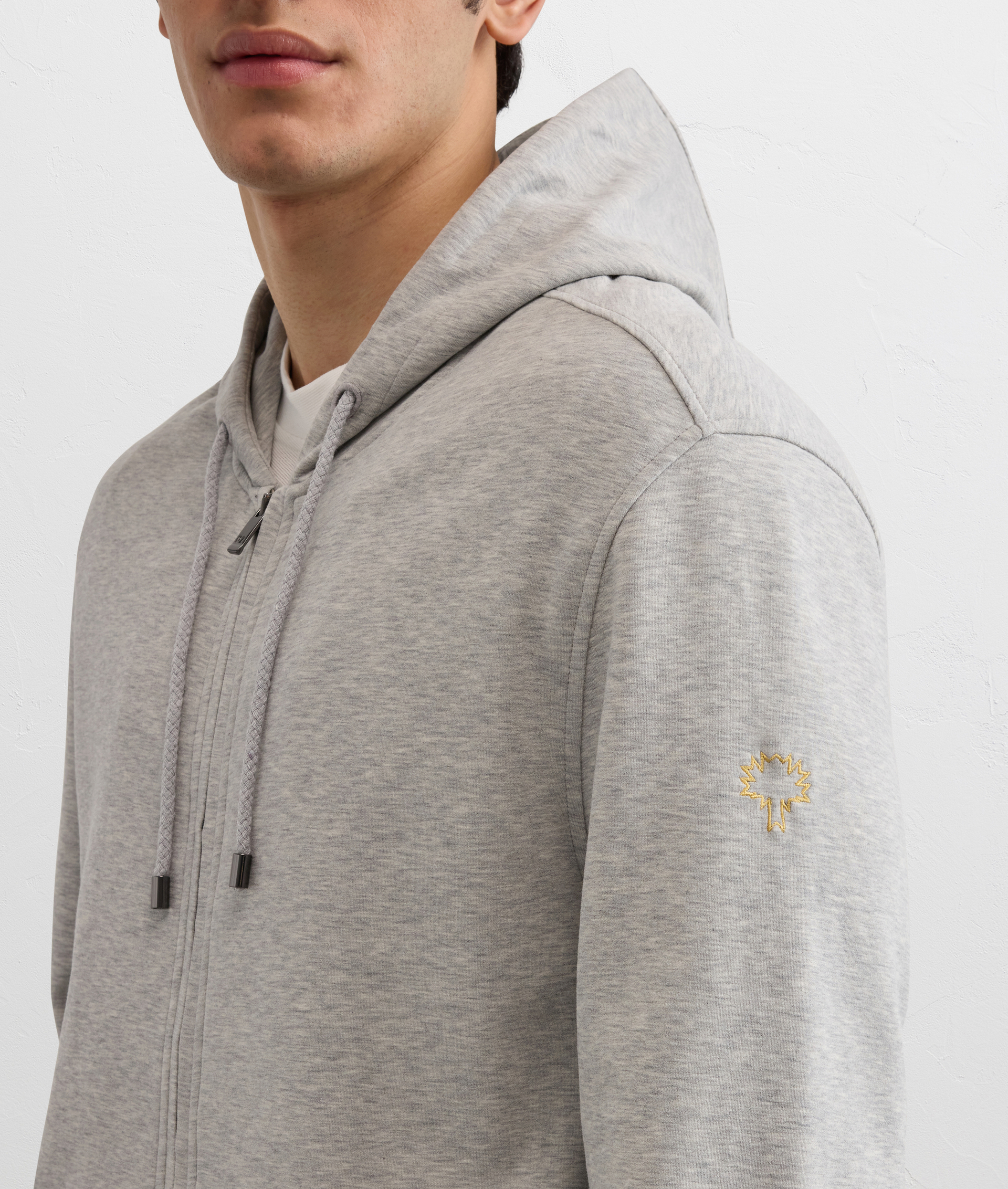 LIGHT GREY PEACH EFFECT COTTON HOODIE WITH ZIP AND EMBROIDERY