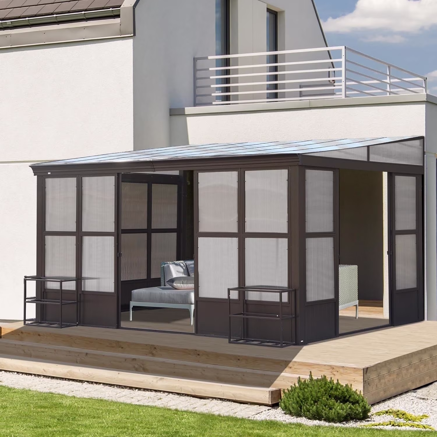 Domi Outdoor Living 10' x 12' Hardtop Lean-to Gazebo, Wall-Mounted with Galvanized Steel Roof Wall Pergola with Aluminum Frame, Curtains and Netting, for Patio, Deck, Garden, Backyard