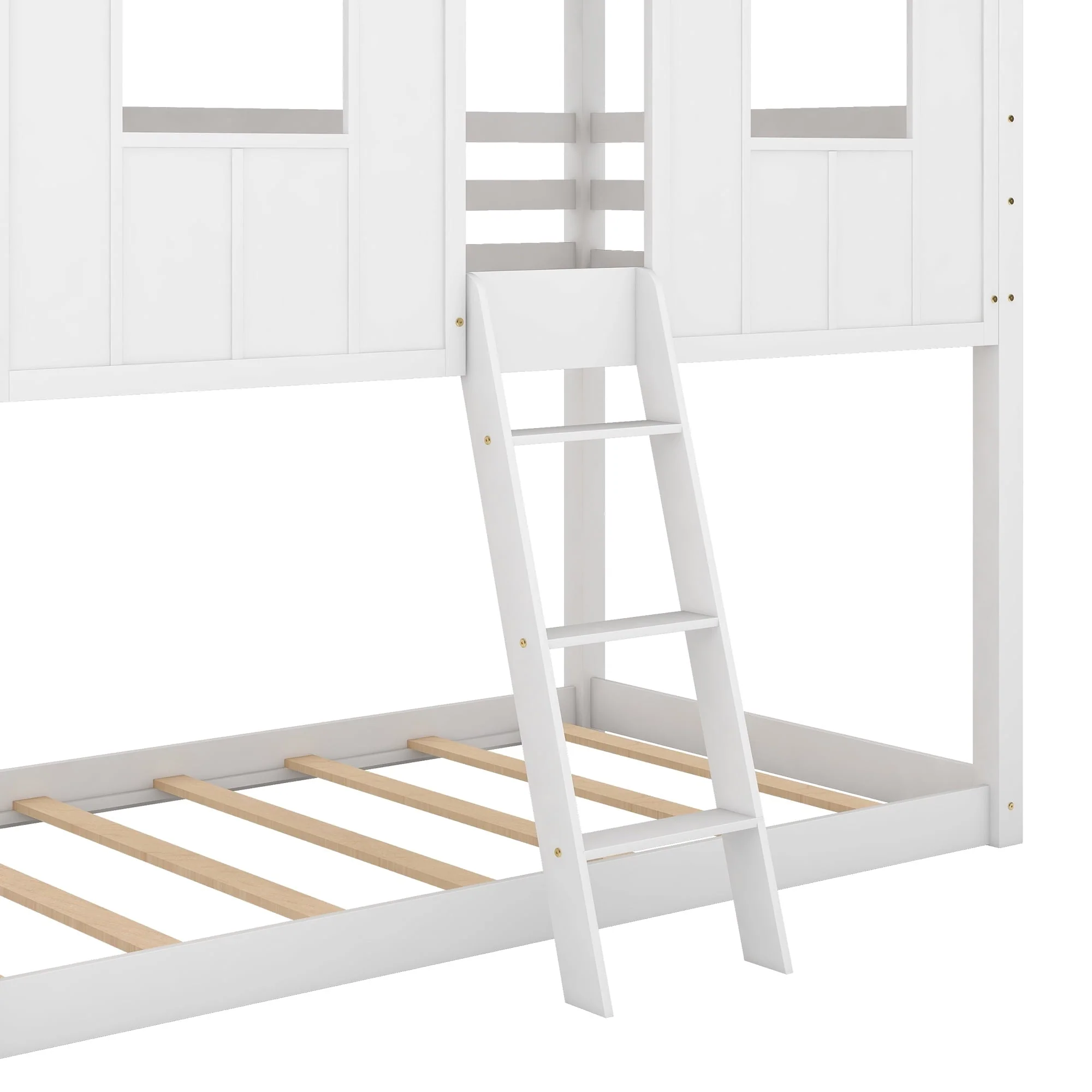Twin over Twin Low Bunk Bed with Roof and Guardrail for Kids Room, White Image 7
