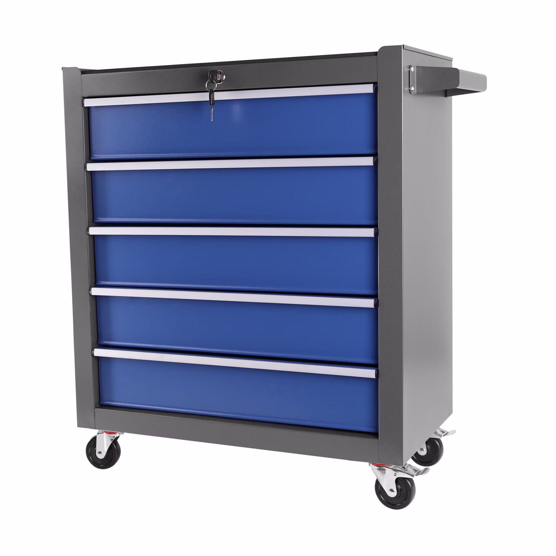Lockable Rolling Tool Chest with 5 Storage Drawers, Portable Metal Tool Box Cart with Wheels and Locking System, Tool Trolley Organizer for Garage, Warehouse, Workshop, Blue and Grey