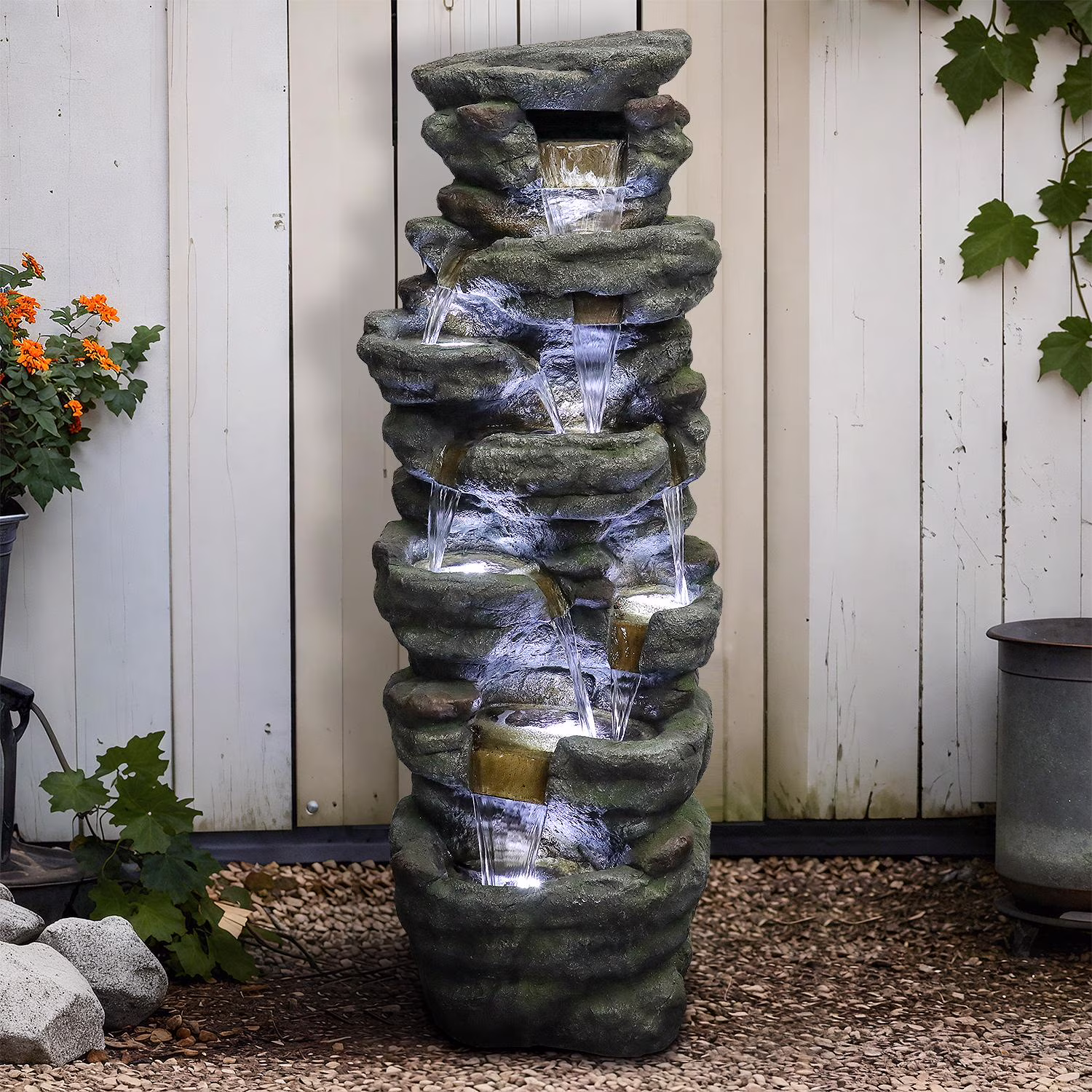 51 H Outdoor Water Fountain - 7-Tiers Rock Waterfall Fountain with LED Lights for Home Garden Decor