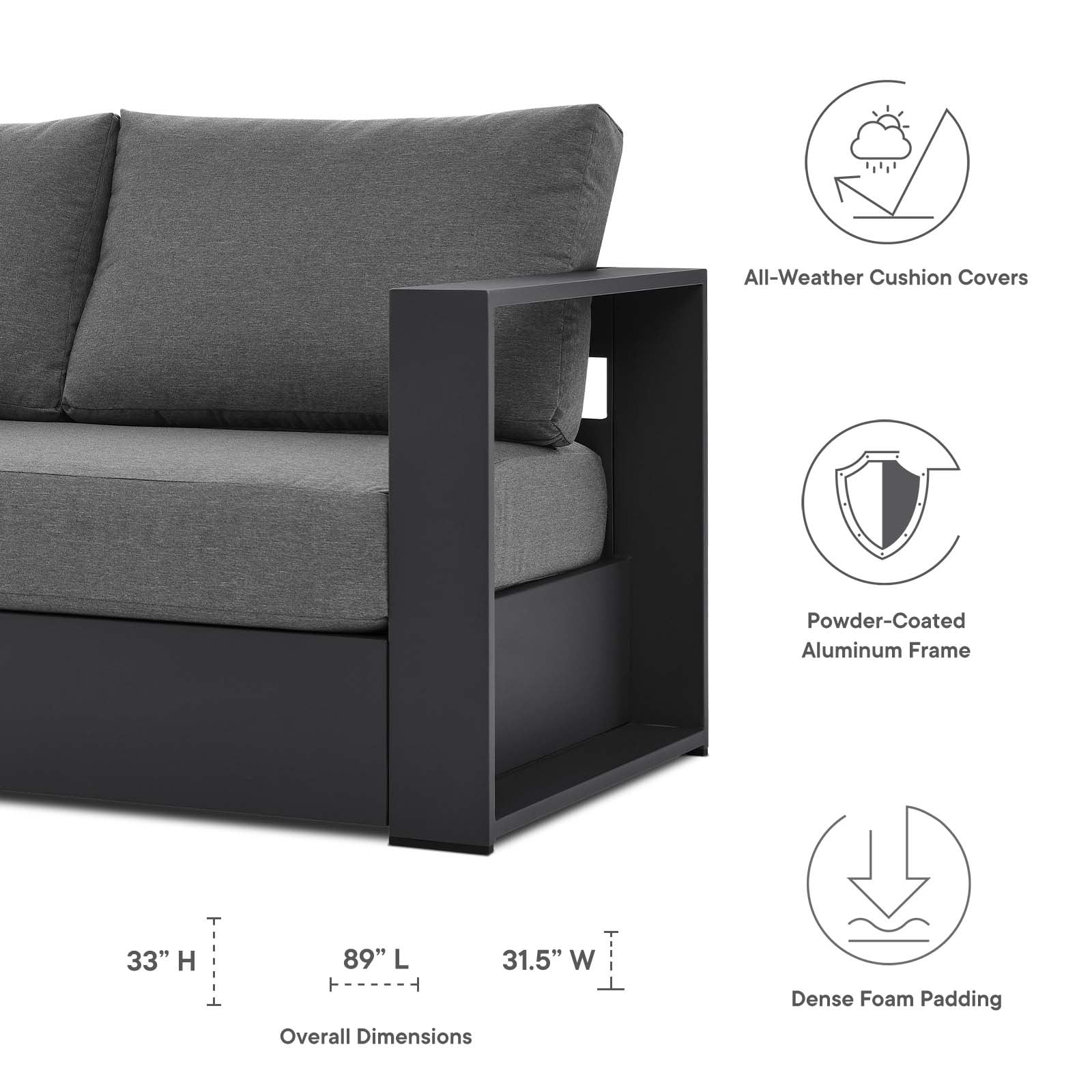 Lounge Sofa Table Set, Grey Gray, Aluminum, Metal, Fabric, Modern Contemporary, Outdoor Patio Balcony Cafe Bistro Garden Furniture Hotel Hospitality(Gray Charcoal) - Image 4