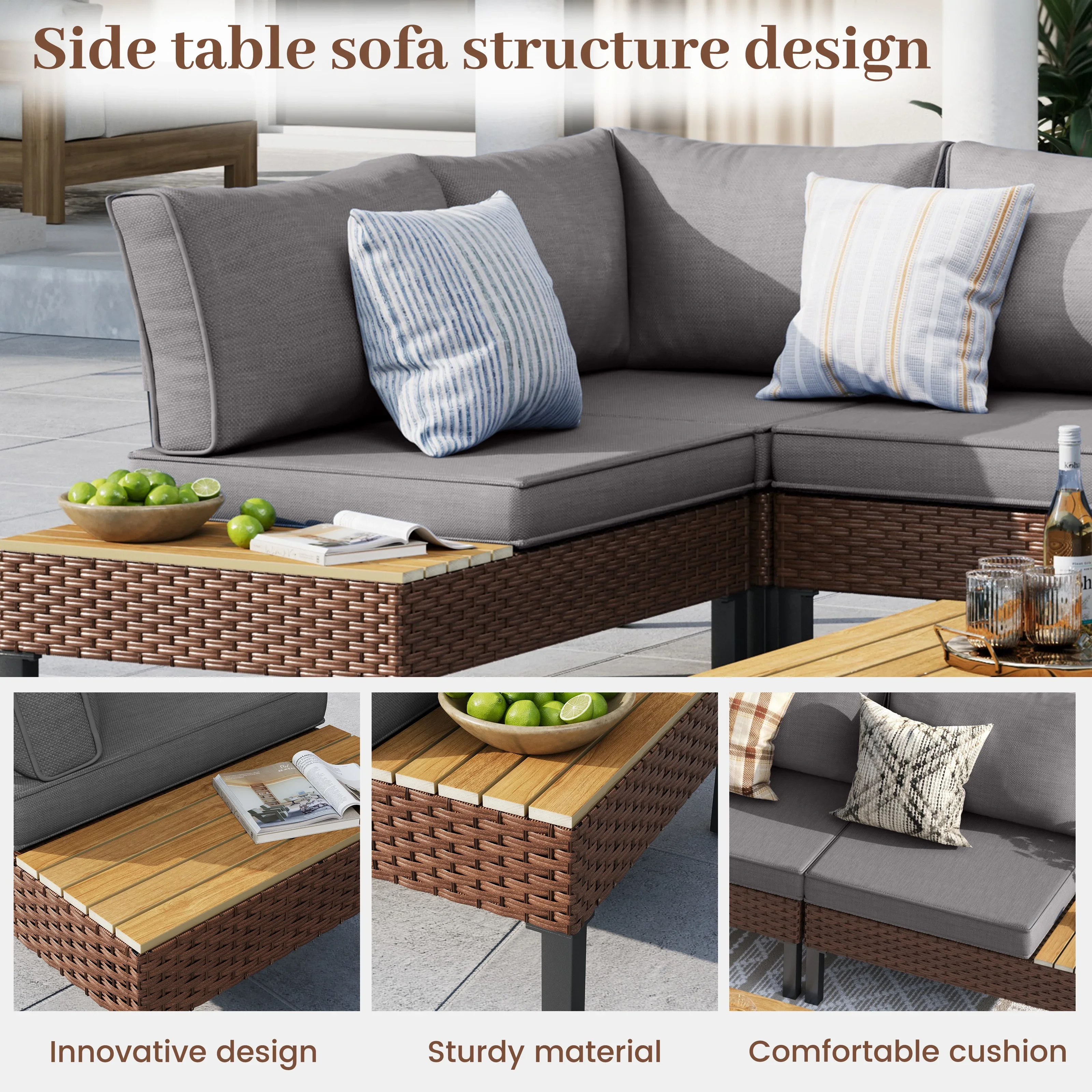 ELPOSUN L Shaped Conversation Sectional Sofa Set with Coffee Table, 5 Pieces Patio Furniture Seating Group with Side Table for Backyard Garden, Beige Grey