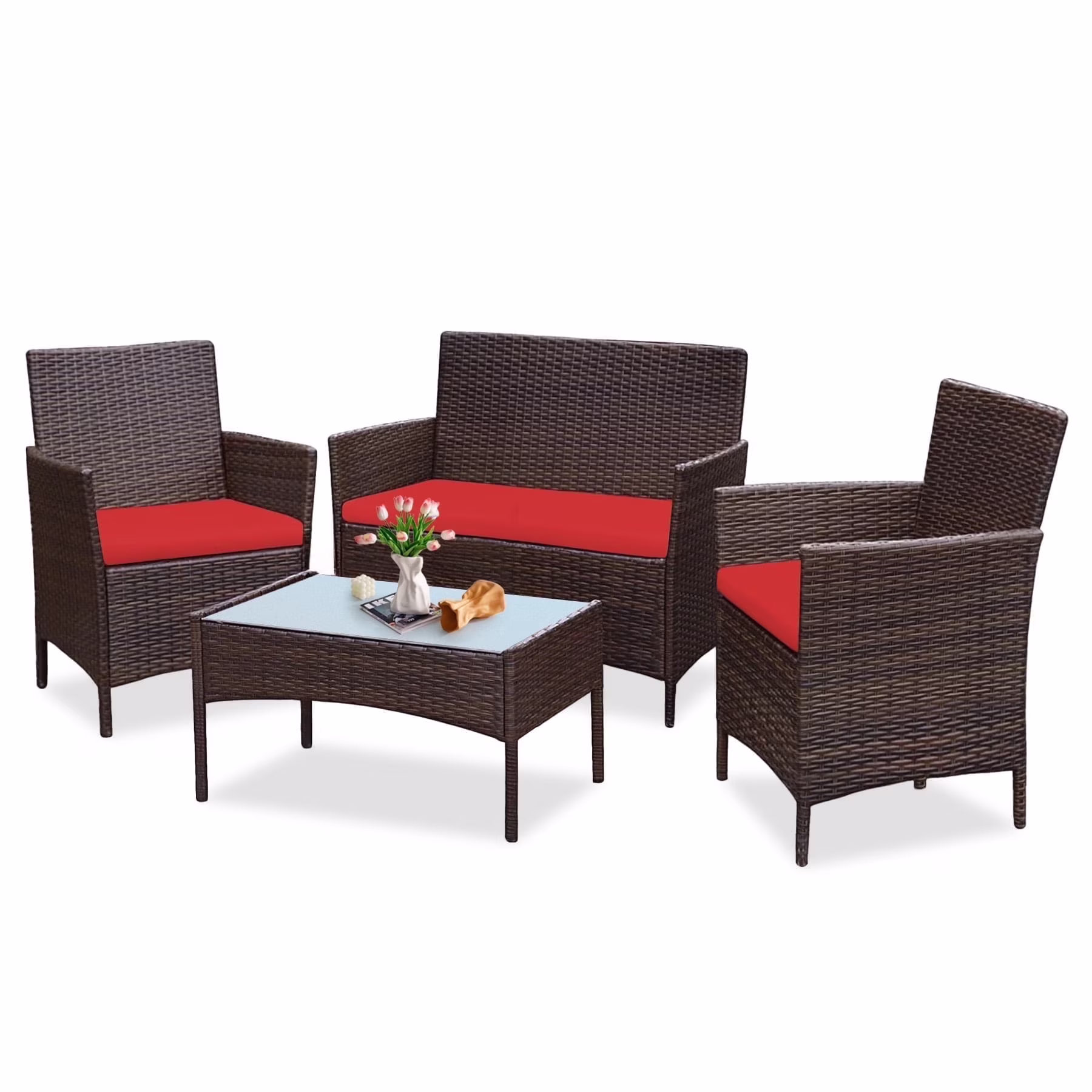 4 Piece Patio Conversation Wicker Furniture Set, Porch Furniture Outdoor Sectional Furniture Set w/Coffee Table Cushions Wicker Sofa Garden Conversation Set for Yard Pool Backyard,Black/Red(Red) - Image 9