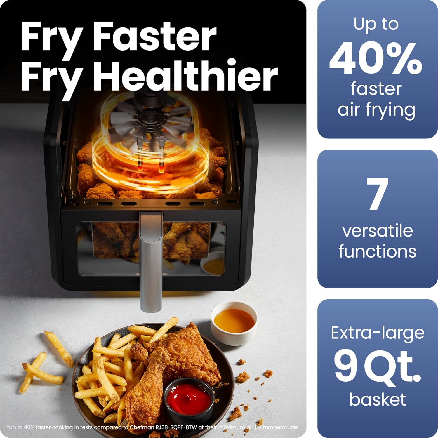 Chefman Air Fryer 9 Qt| TurboFry 7-in-1 High-Powered 450°F Cooking for Crispier and Even Results| XL Basket with Viewing Window| Air Fry, Bake, Broil, Reheat, Dehydrate, Defrost, Keep Warm