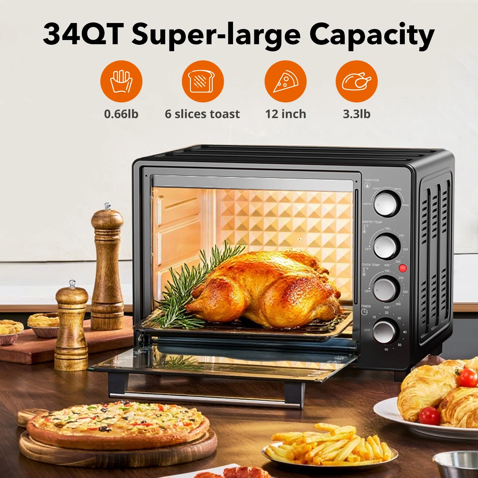34 QT Super-Large Air Fryer, Oil-Less Air Fryer Toaster Oven Combo with Pizza, Warm, Broil, Toast, Bake, Air Fry, 5 Functions Black - Image 3