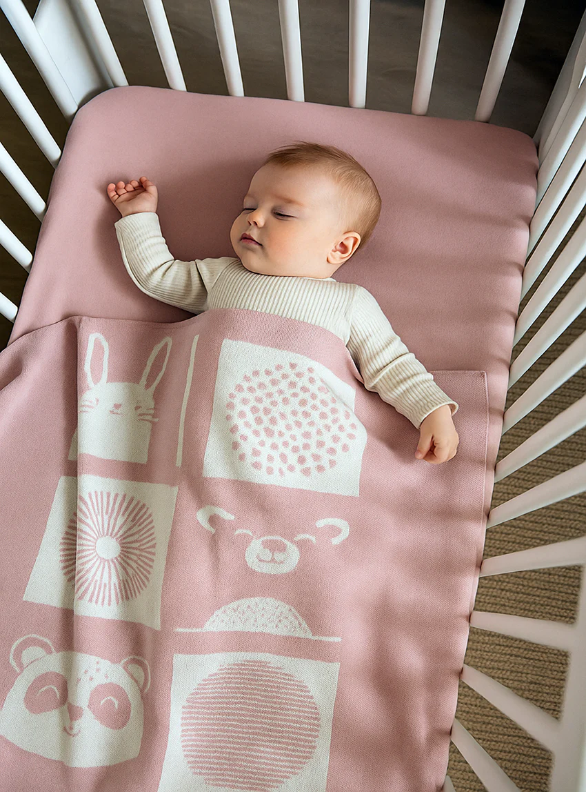 Plaid bébé laine mérinos motif animaux rose poudre