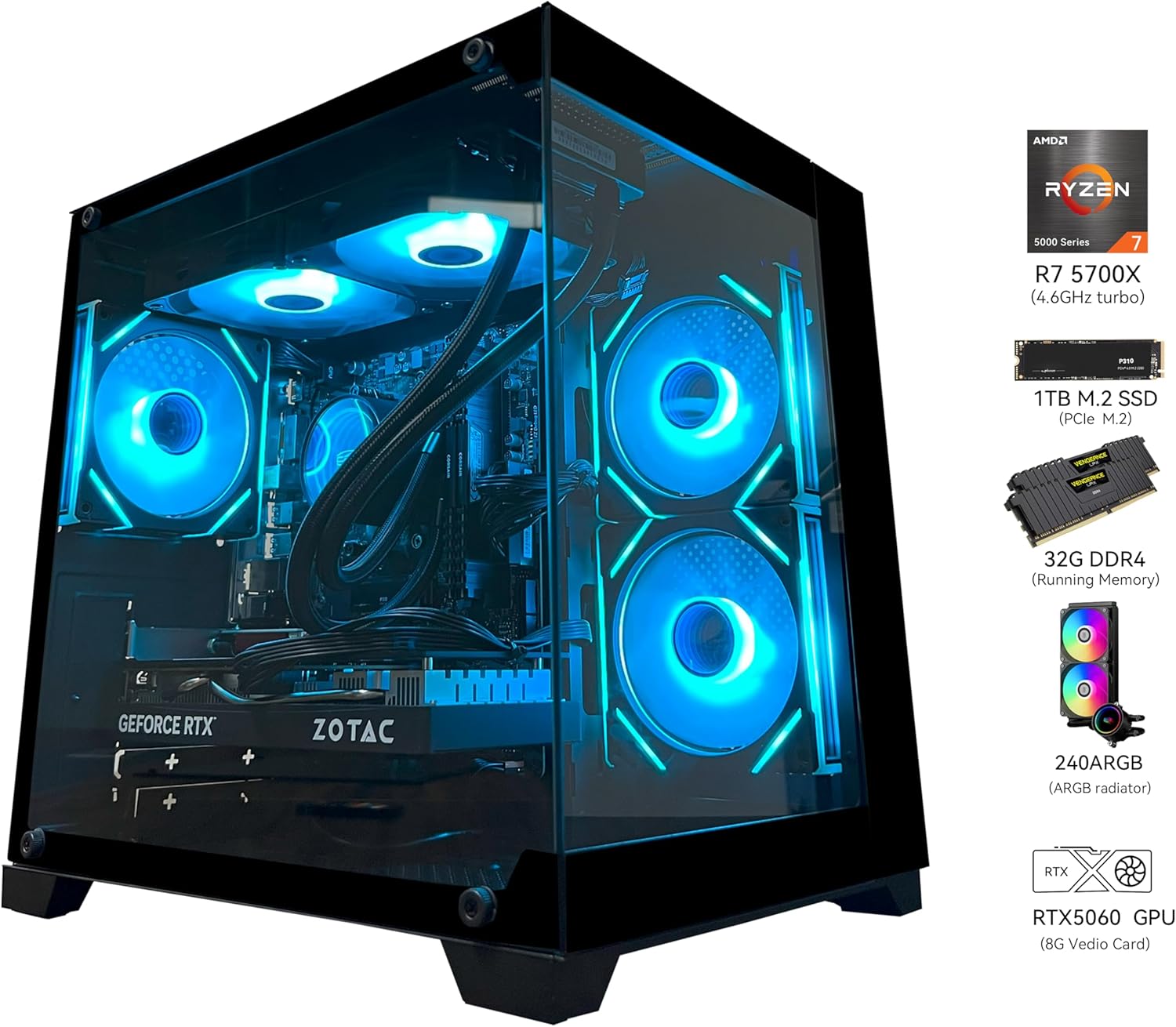 Gaming PC Desktop Computer  Ryzen 7 5700X RTX 5060 32GB DDR4 RAM and 1TB M.2 NVMe SSD  240 Liquid Cooler  ARGB Fans Game Design Office