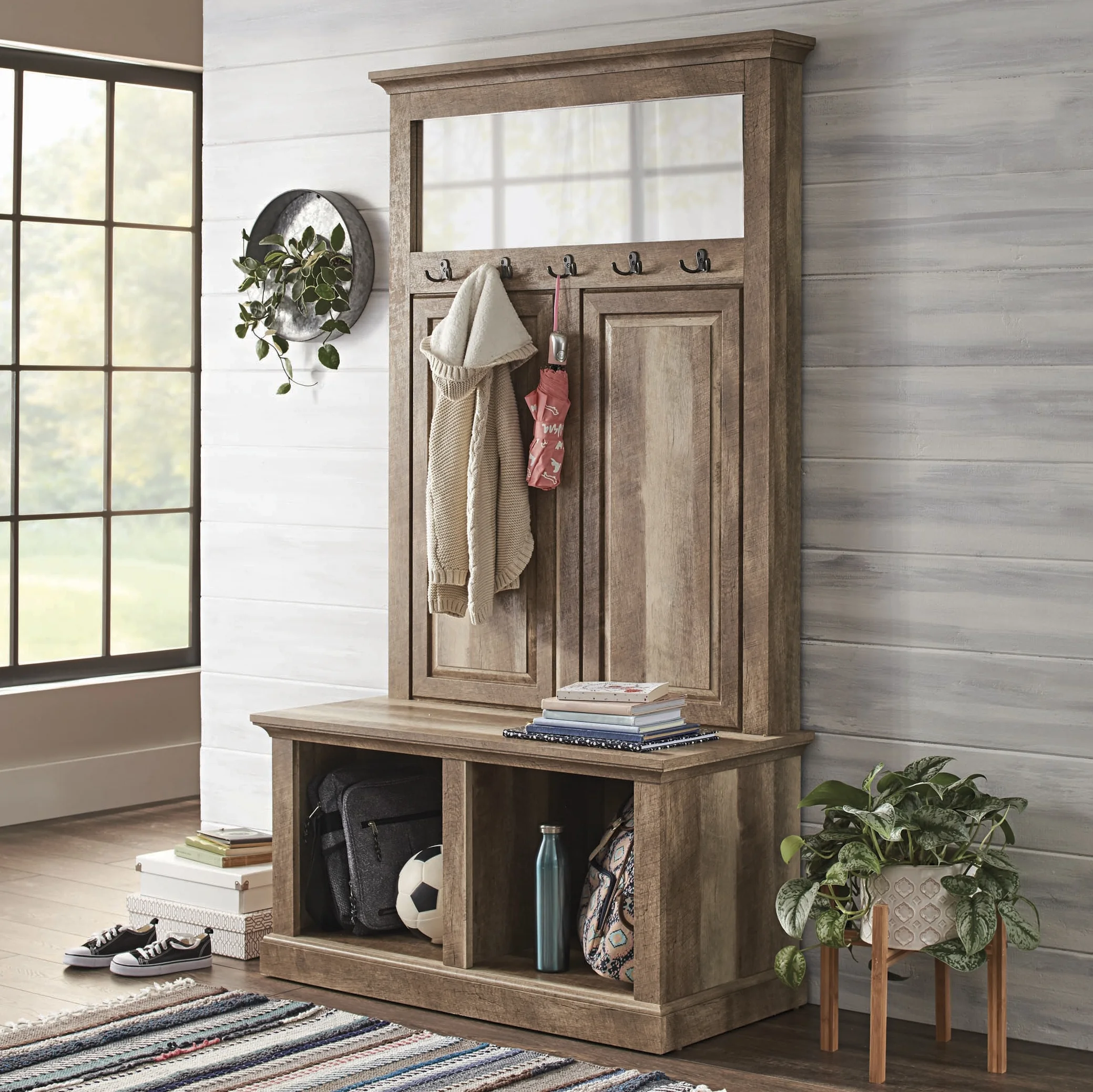 Better Homes  Gardens Crossmill Hall Tree Storage Bench, Weathered Finish