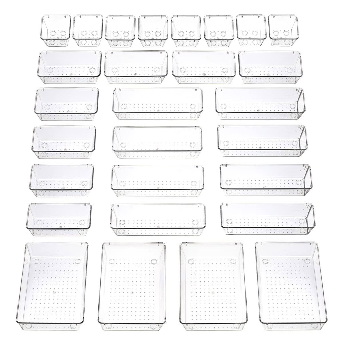 Byomostor 28pcs Clear Plastic Drawers Organizer in 4 Sizes, Ultimate Storage Bins for Bathroom, Vanity, Junk Drawer, Office -