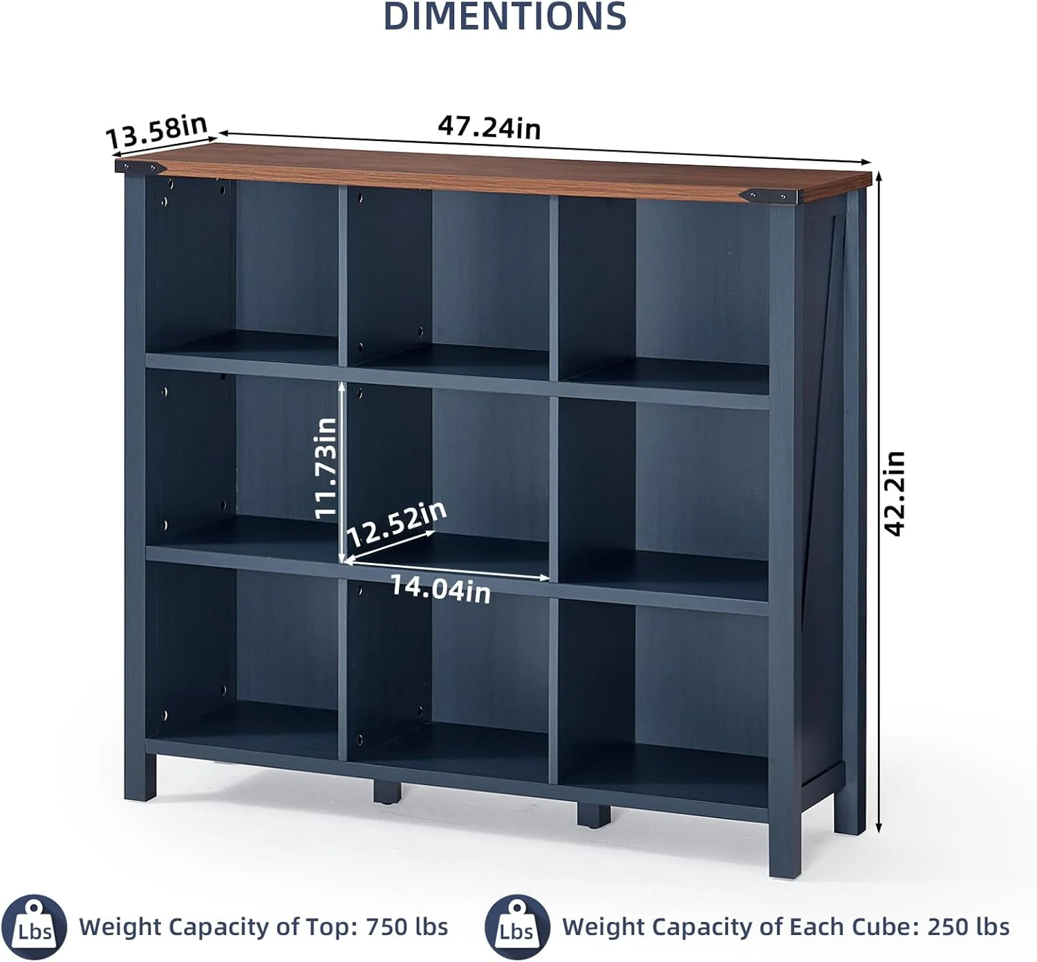 9 Cube Bookcase, Farmhouse 47 Inch Wide Navy Blue Bookshelf, Wooden 3 Tier Display Large Open Book Shelf, Vintage Horizontal Book Case for Home Office, Cubby Storage Cabinet for Living Room(9 Cube (13.6 "D x 47.24 "W x 42.2"H)/Navy Blue) - Image 3