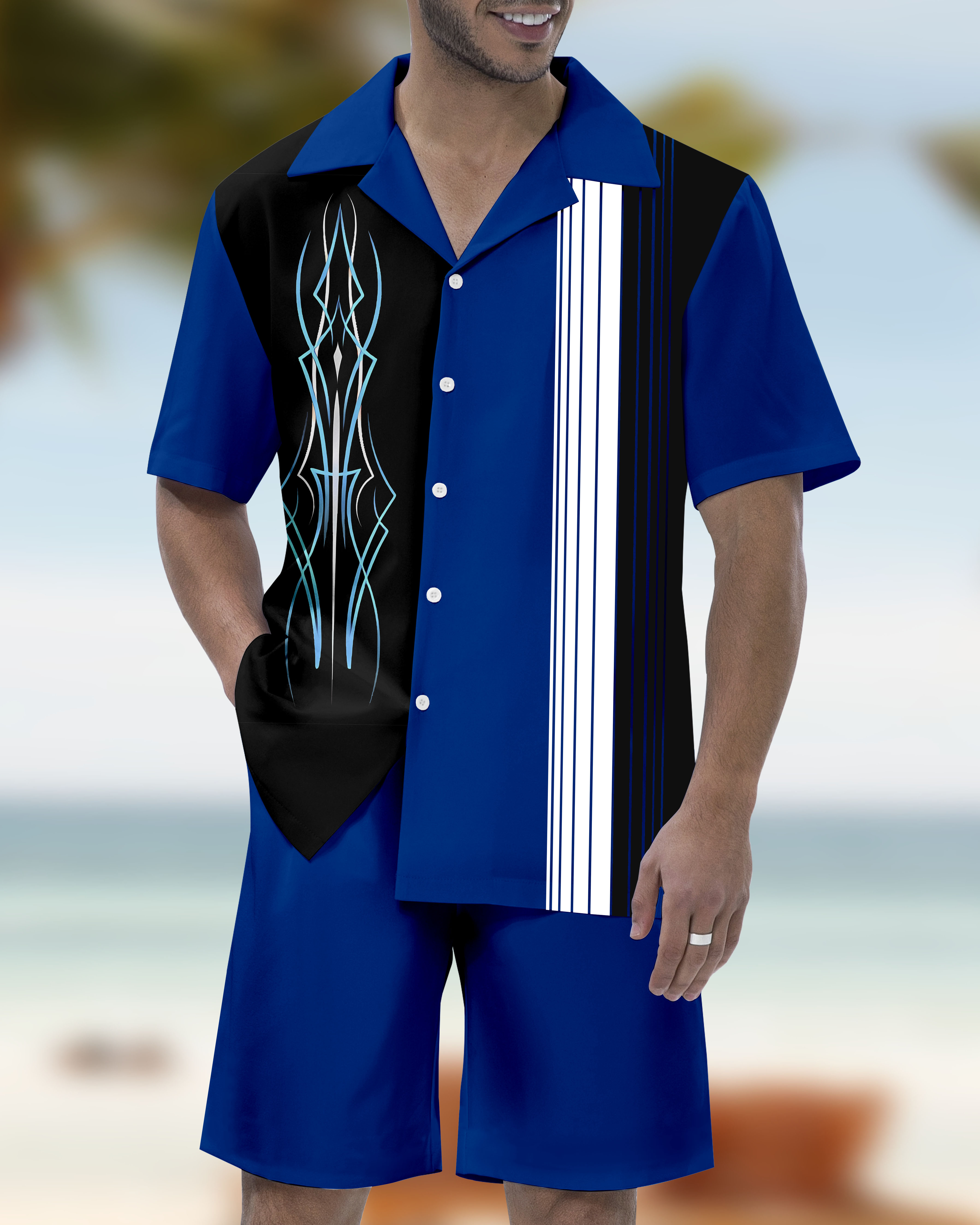Ensemble chemise à manches courtes et col cubain hawaïen pour homme, style « Modified Car Party » (02)