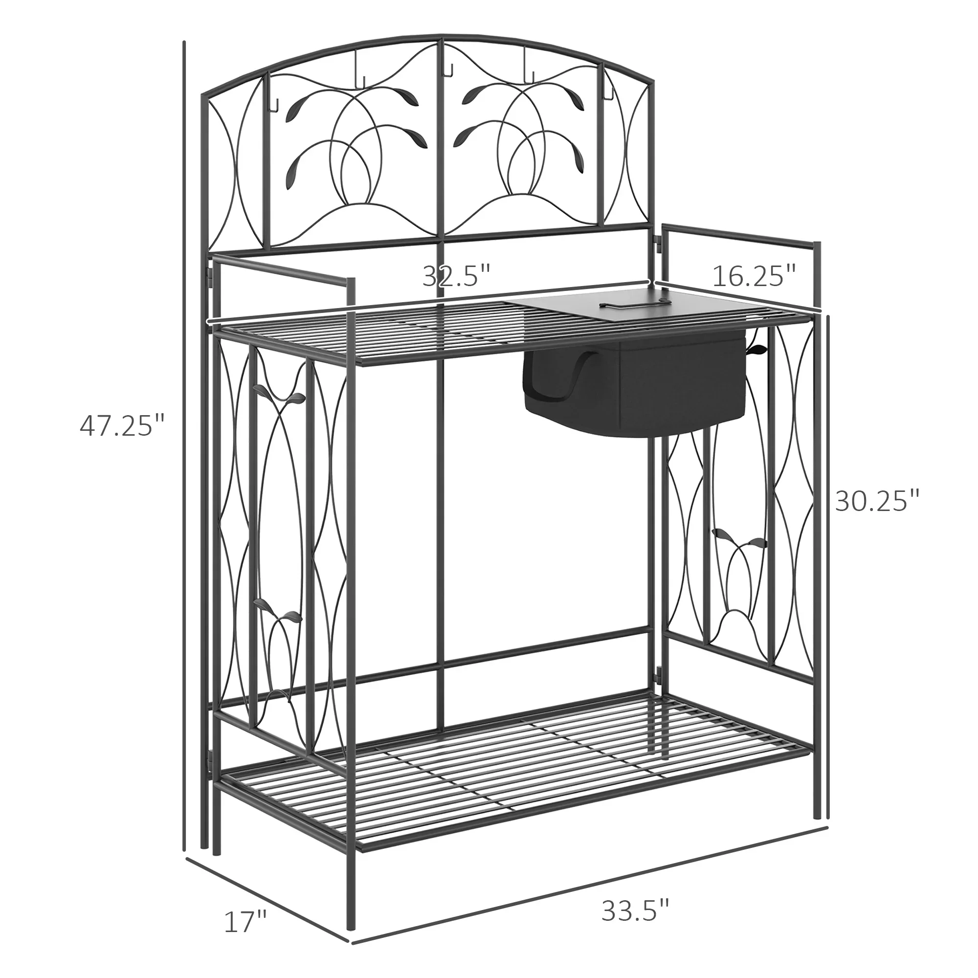 Outsunny Folding Potting Bench Table, Metal Garden Workstation, Work Bench with Large Built-in Bag with Cover, 5 Hanging Hooks & Storage Shelf,