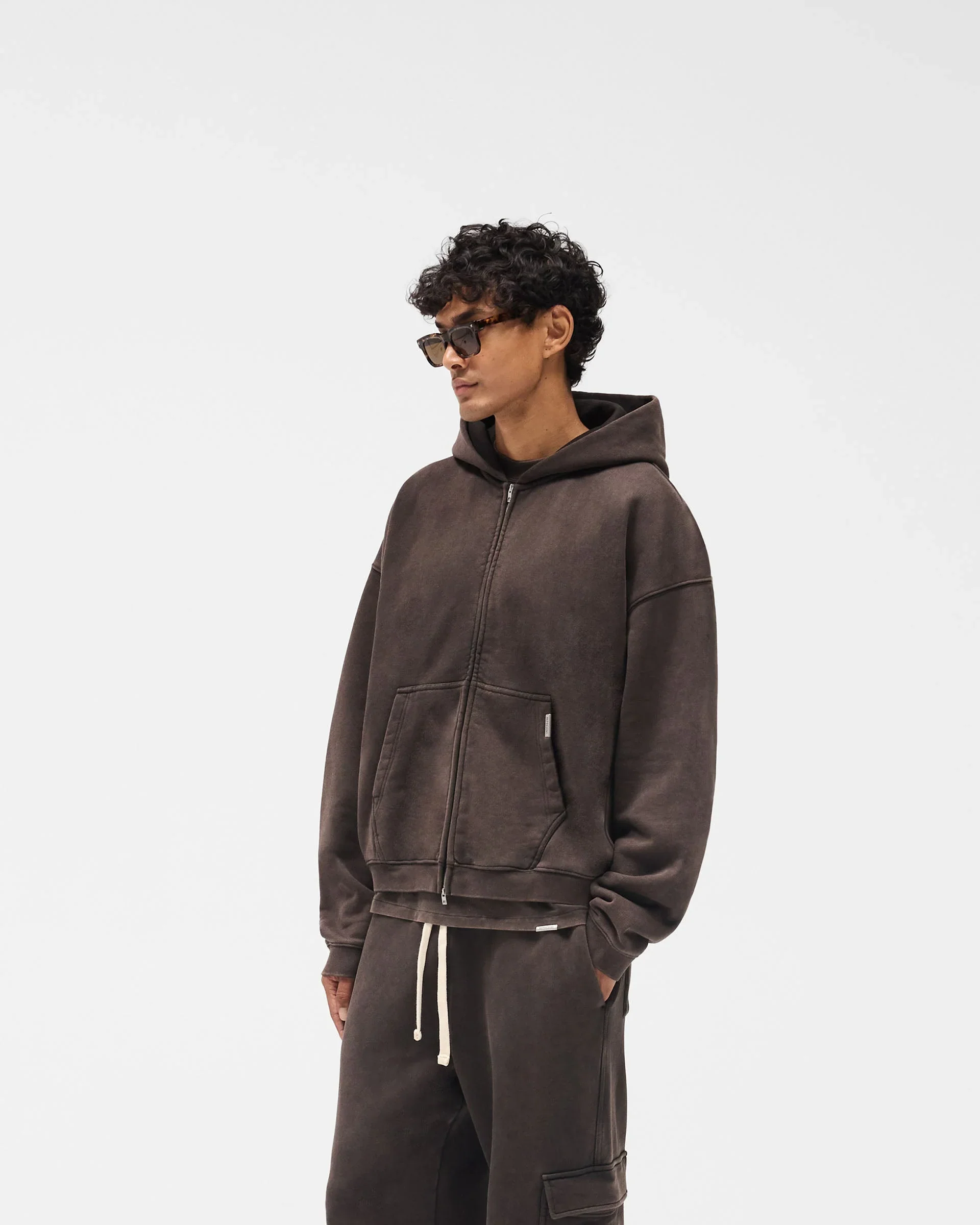 Initial Boxy Zip Through Hoodie - Coffee