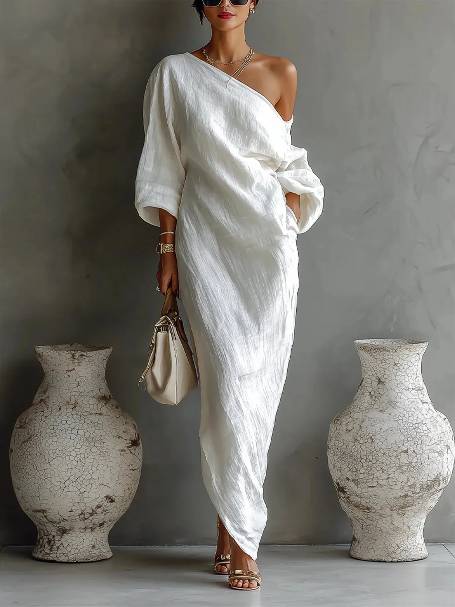 Robe Maxi en Lin à Manches Bouffantes pour Femme