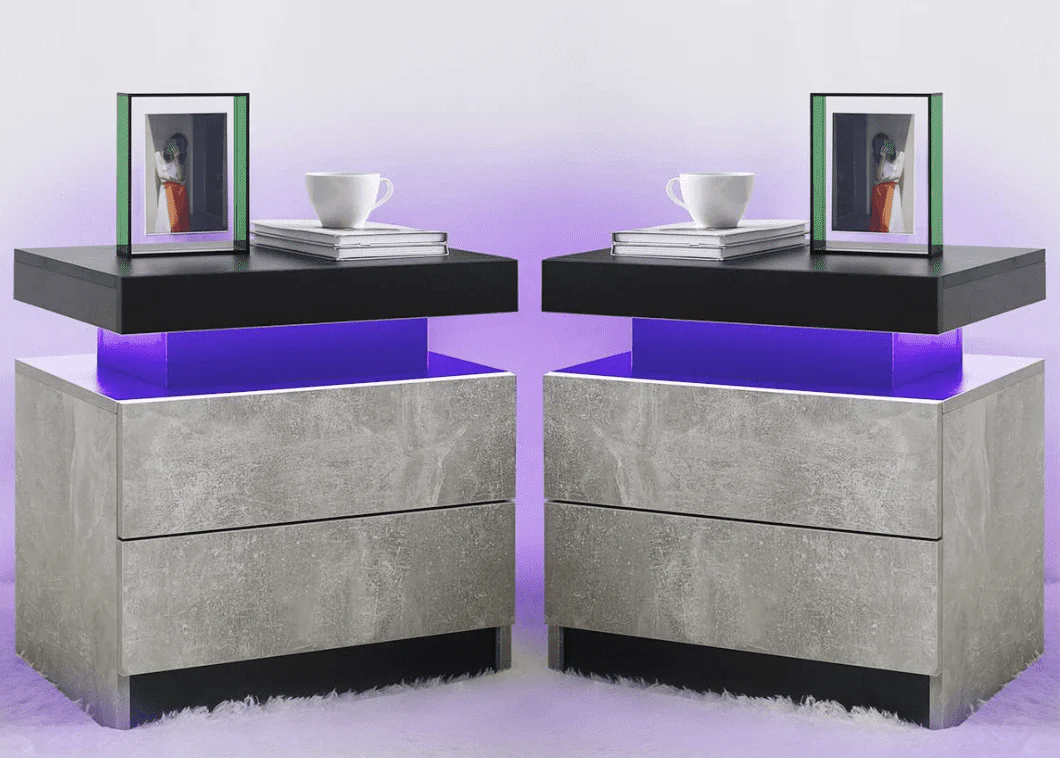 LED Nightstand Set of 2, Modern Bedside Table with 2 Drawers Storage Space, Adjustable Colors LED Light, Black(Black) Image 5