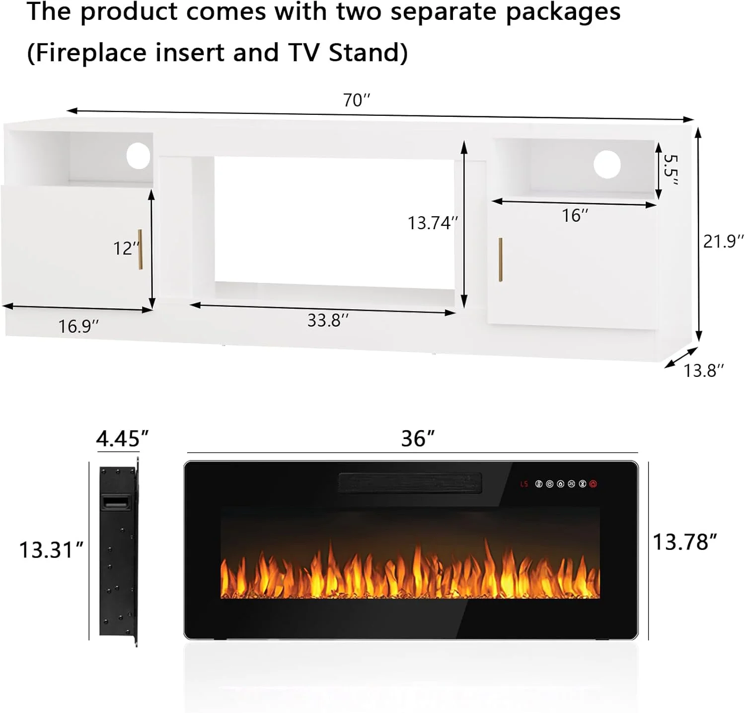 Fireplace tv Stand with 36 inch Fireplace Up to 80" TVs,LED Light Entertainment Center and Storage(70" Wood Composite/White) - Image 9