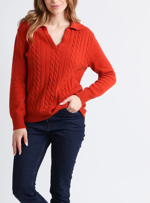 Pull femme laine mérinos col polo orange