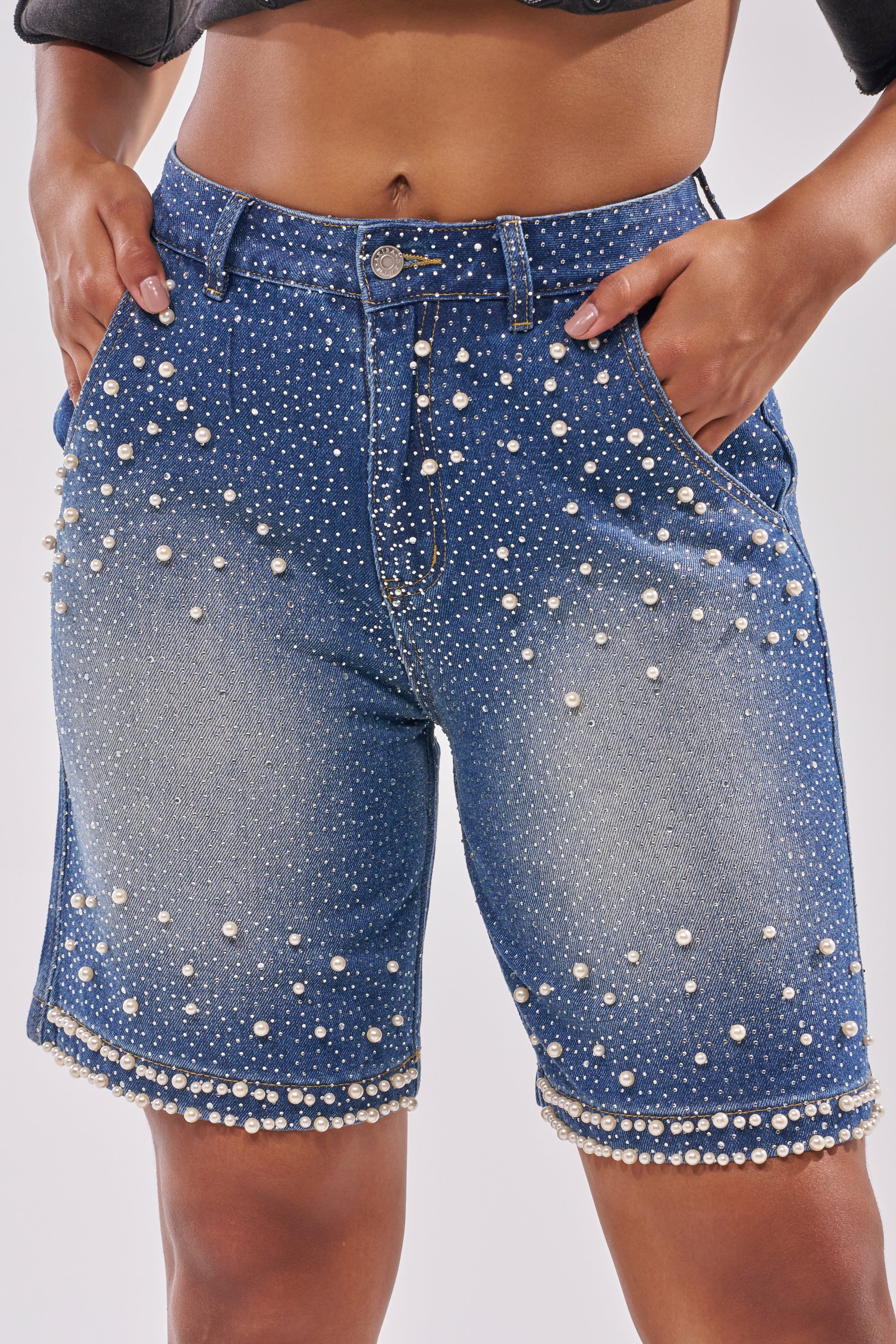 BLINGED OUT CARGO SHORTS IN MEDIUM BLUE DENIM - Akira Store